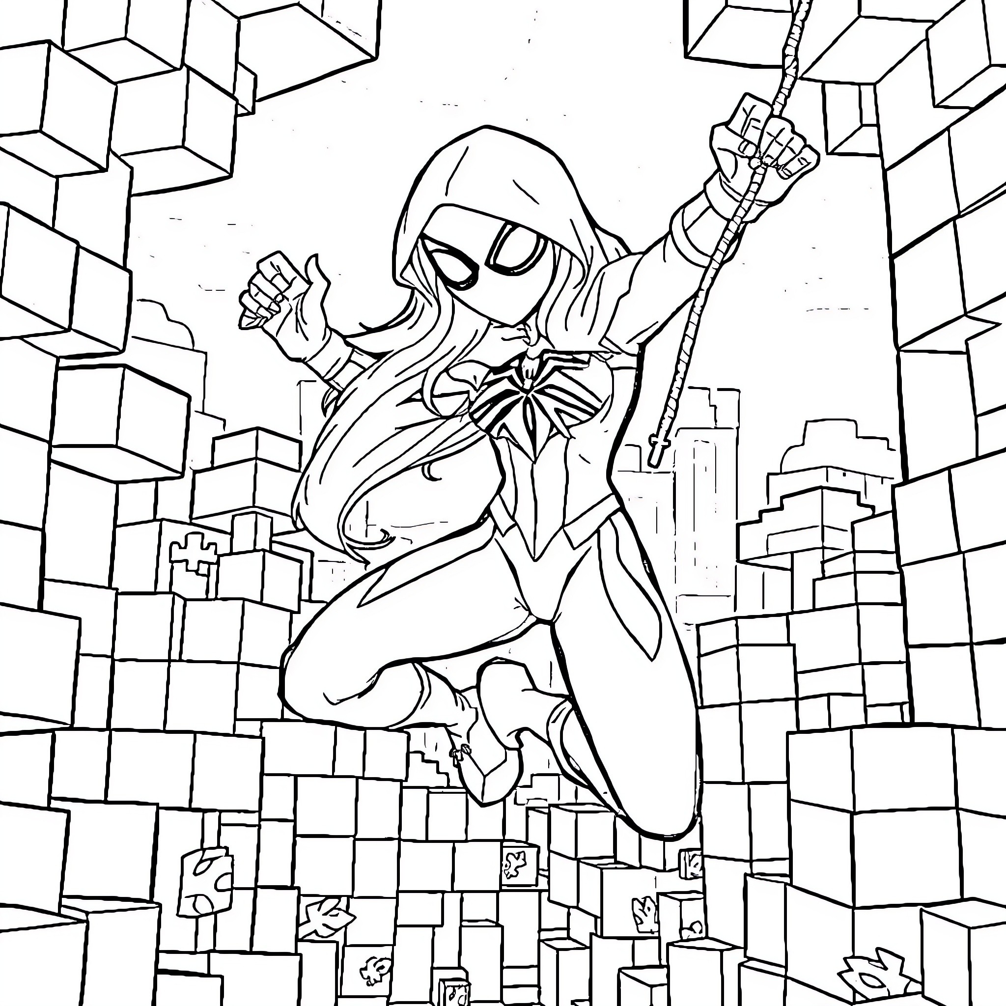 Ghost Spider swinging through the city Coloring Page (free black-and-white line drawing printable PDF for all, from beginners to advanced learners, including children, teens, adults, and seniors)