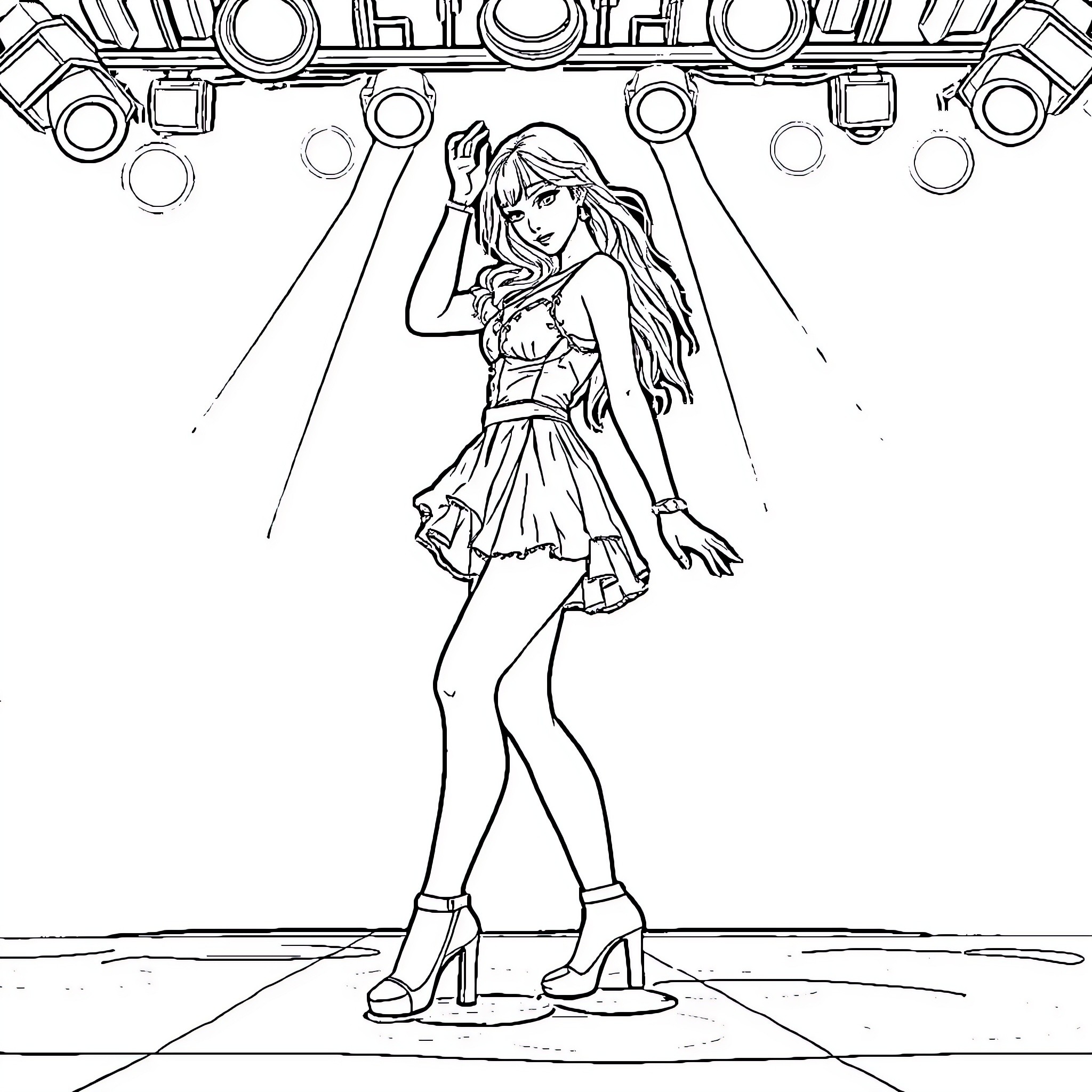Lisa Performing on Stage in Stylish Outfit Coloring Page (free black-and-white line drawing printable PDF for all, from beginners to advanced learners, including children, teens, adults, and seniors)