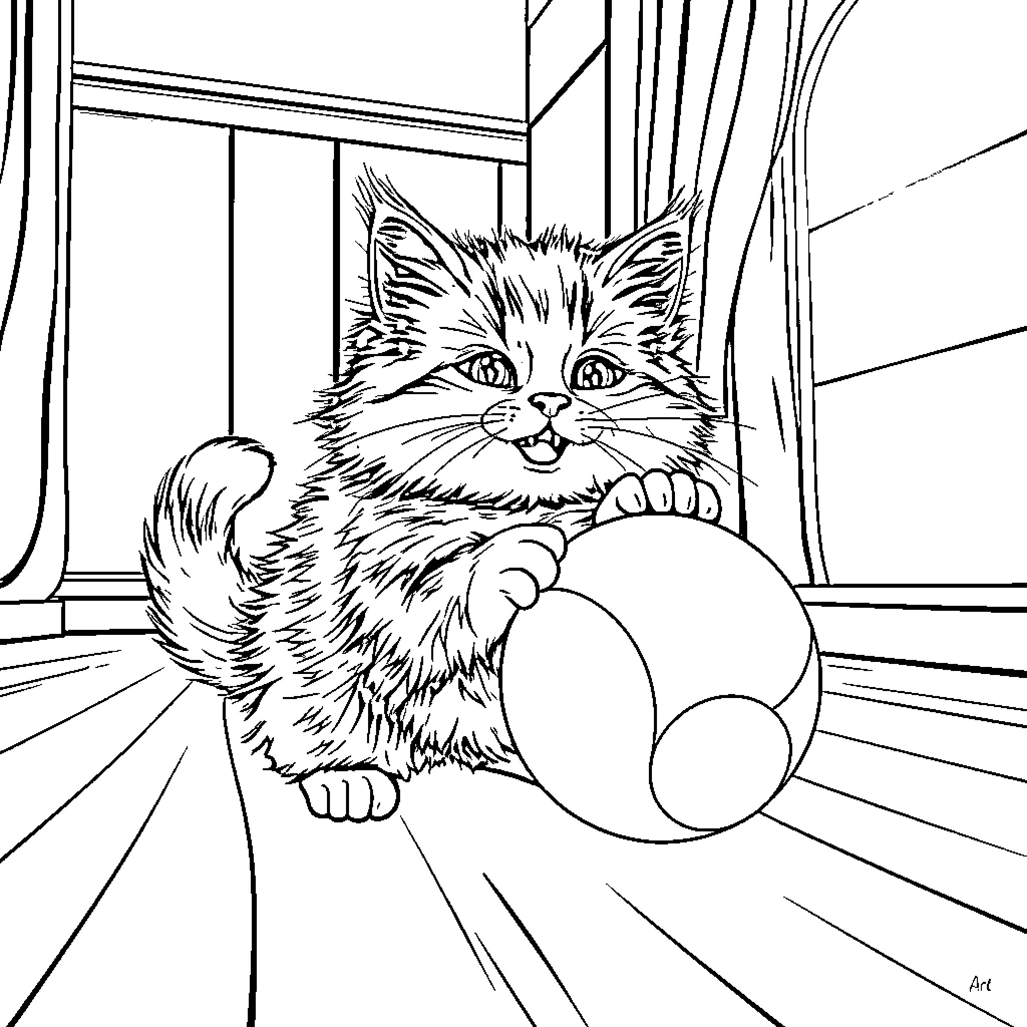 Cat playing with ball in room Coloring Page (free black-and-white line drawing printable PDF for all, from beginners to advanced learners, including children, teens, adults, and seniors)