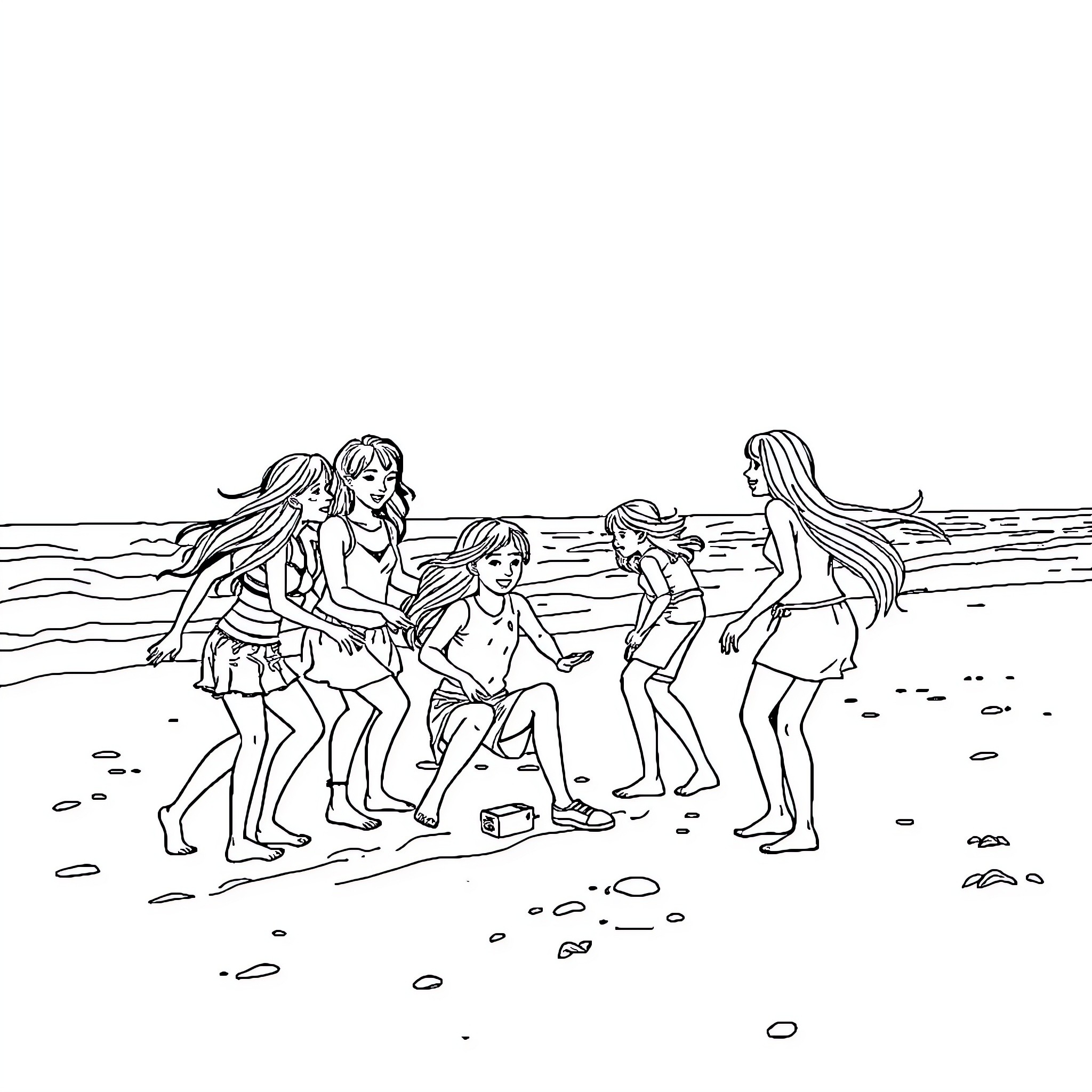 Among Us: Friends Enjoying a Beach Day Coloring Page (free black-and-white line drawing printable PDF for all, from beginners to advanced learners, including children, teens, adults, and seniors)