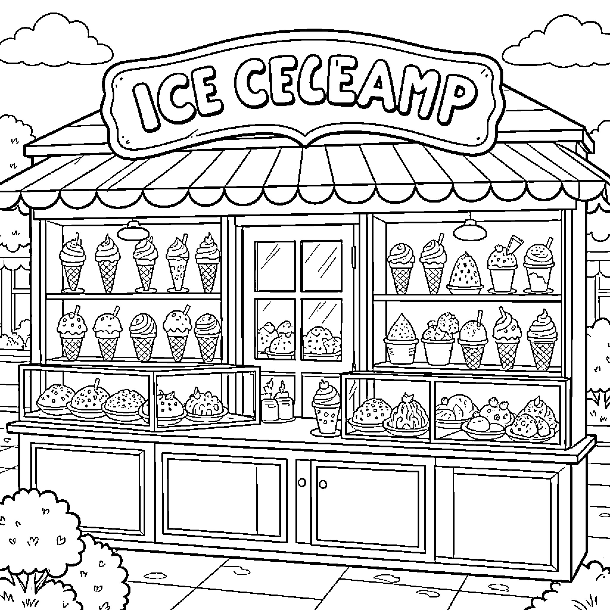 Ice Cream Shop with Variety of Frozen Treats Coloring Page (free black-and-white line drawing printable PDF for all, from beginners to advanced learners, including children, teens, adults, and seniors)