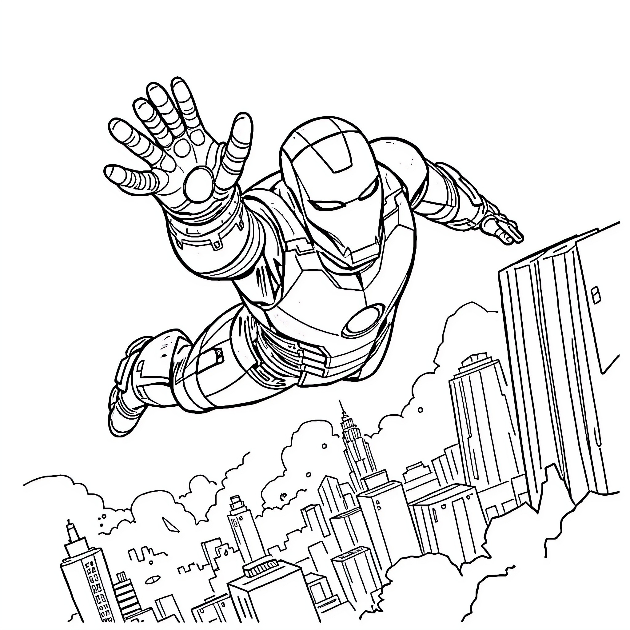 Iron Man soaring over the city skyline Coloring Page (free black-and-white line drawing printable PDF for all, from beginners to advanced learners, including children, teens, adults, and seniors)