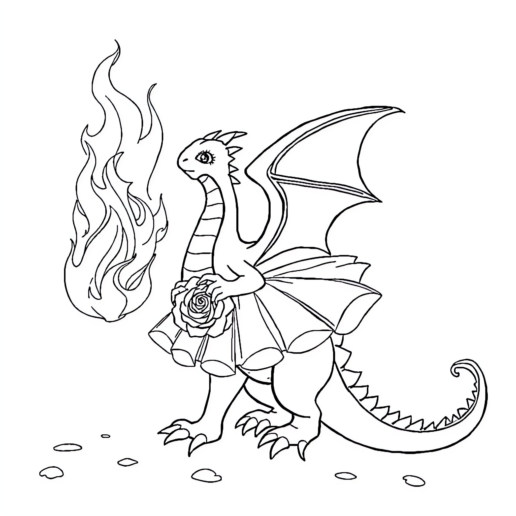 Dragon with rose breathing fire Coloring Page (free black-and-white line drawing printable PDF for all, from beginners to advanced learners, including children, teens, adults, and seniors)