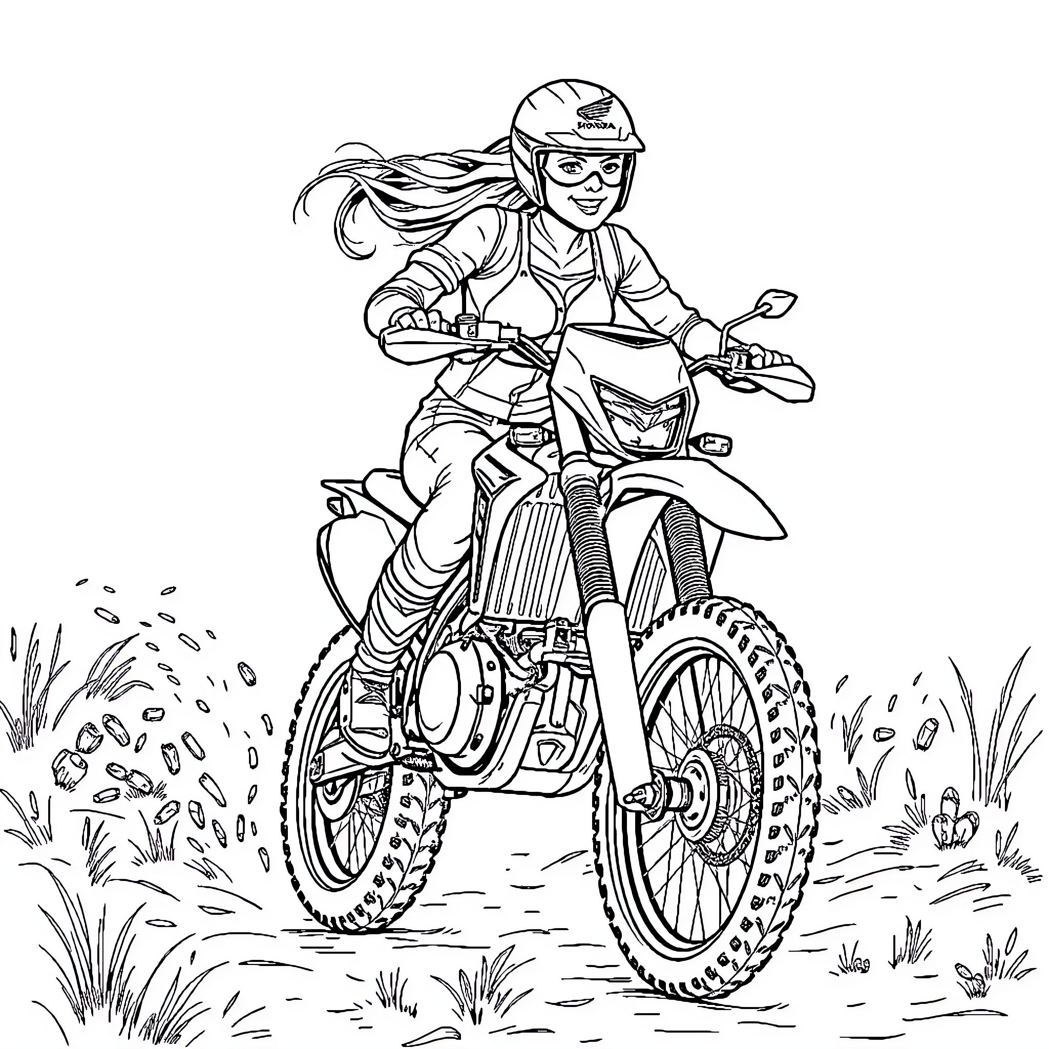 Honda CRF250R rider racing on dirt track Coloring Page (free black-and-white line drawing printable PDF for all, from beginners to advanced learners, including children, teens, adults, and seniors)