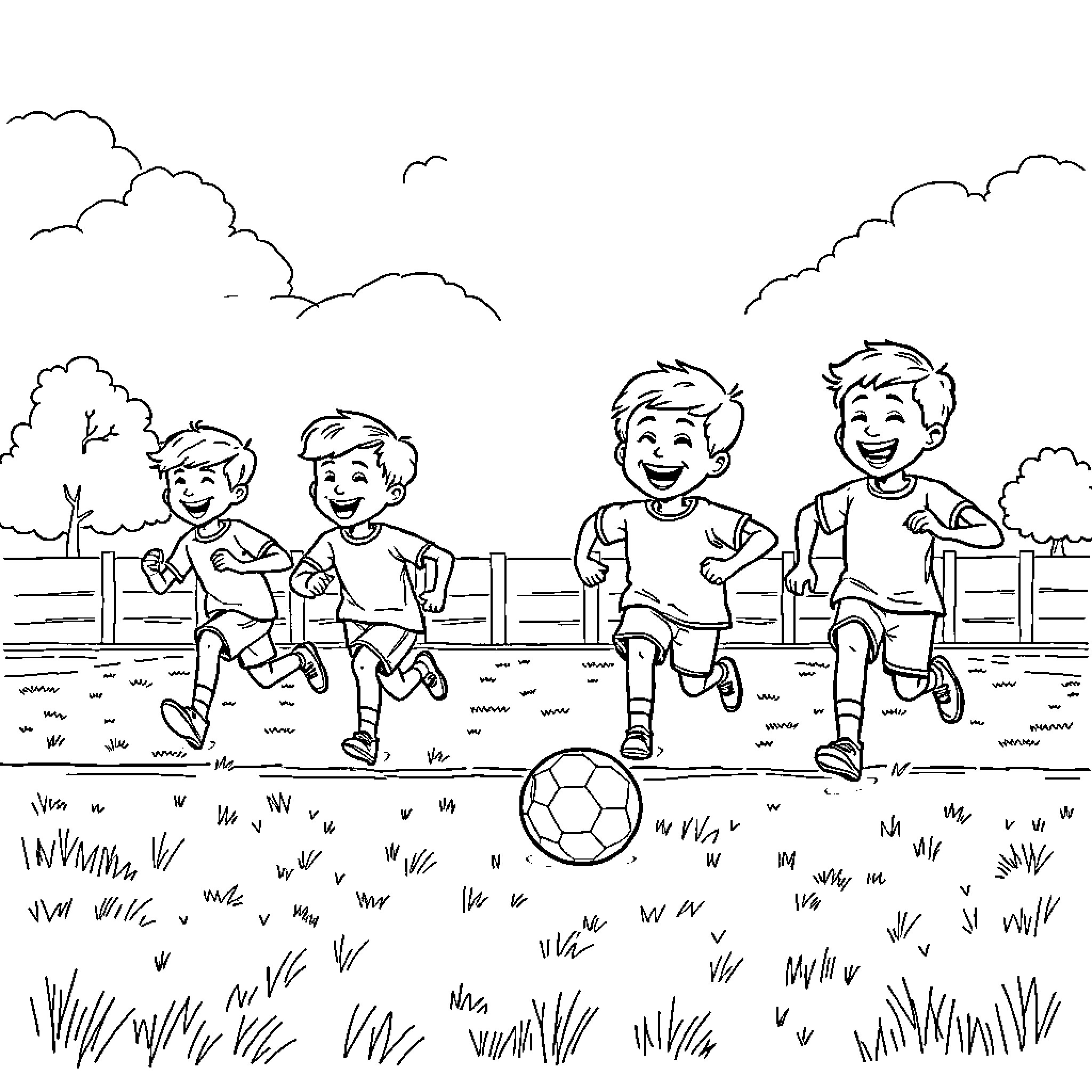 Child friends playing with soccer ball outdoors Coloring Page (free black-and-white line drawing printable PDF for all, from beginners to advanced learners, including children, teens, adults, and seniors)