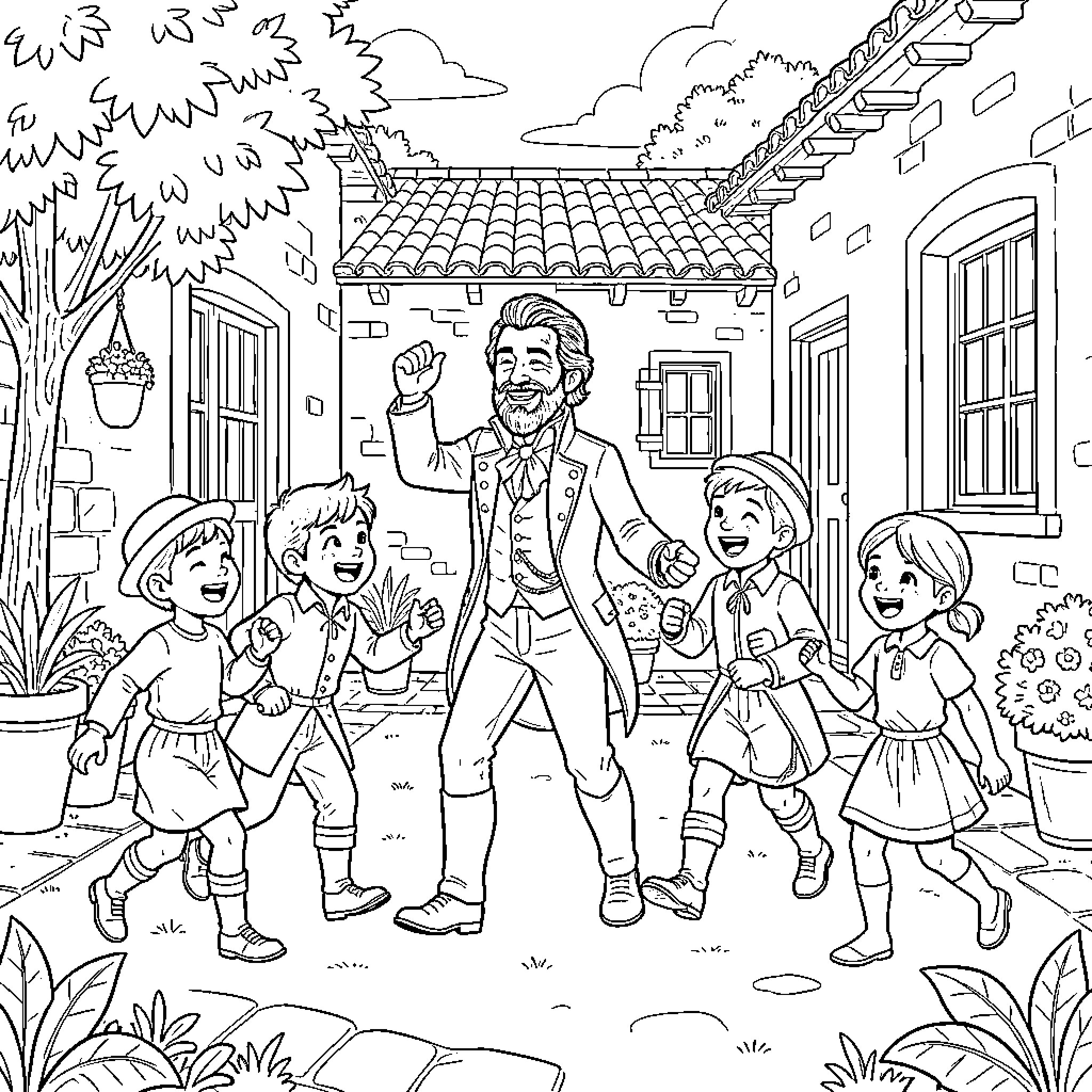 Simón Bolívar dancing joyfully with several happy children Coloring Page (free black-and-white line drawing printable PDF for all, from beginners to advanced learners, including children, teens, adults, and seniors)