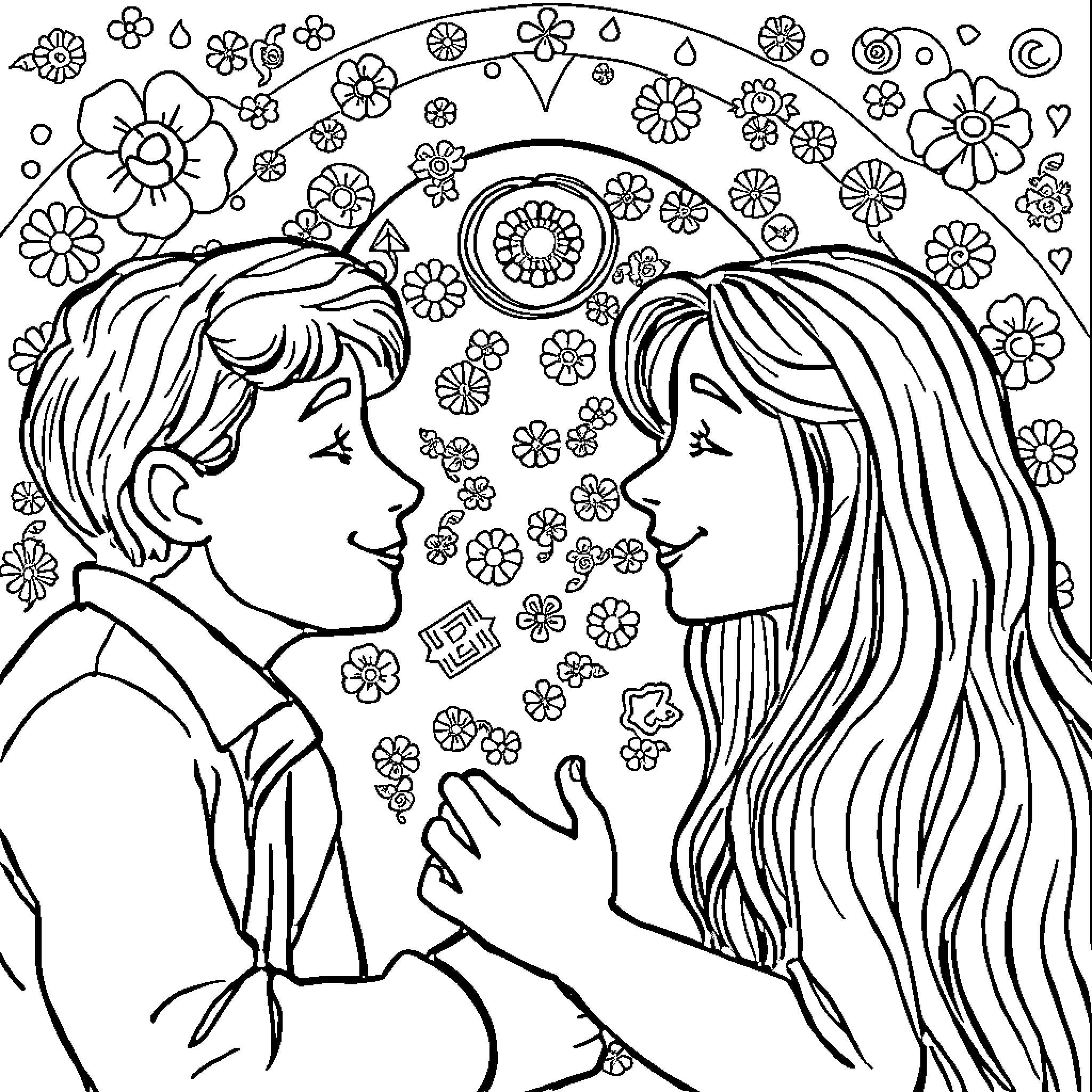 Emotion of Tender Affection between Figures Coloring Page (free black-and-white line drawing printable PDF for all, from beginners to advanced learners, including children, teens, adults, and seniors)