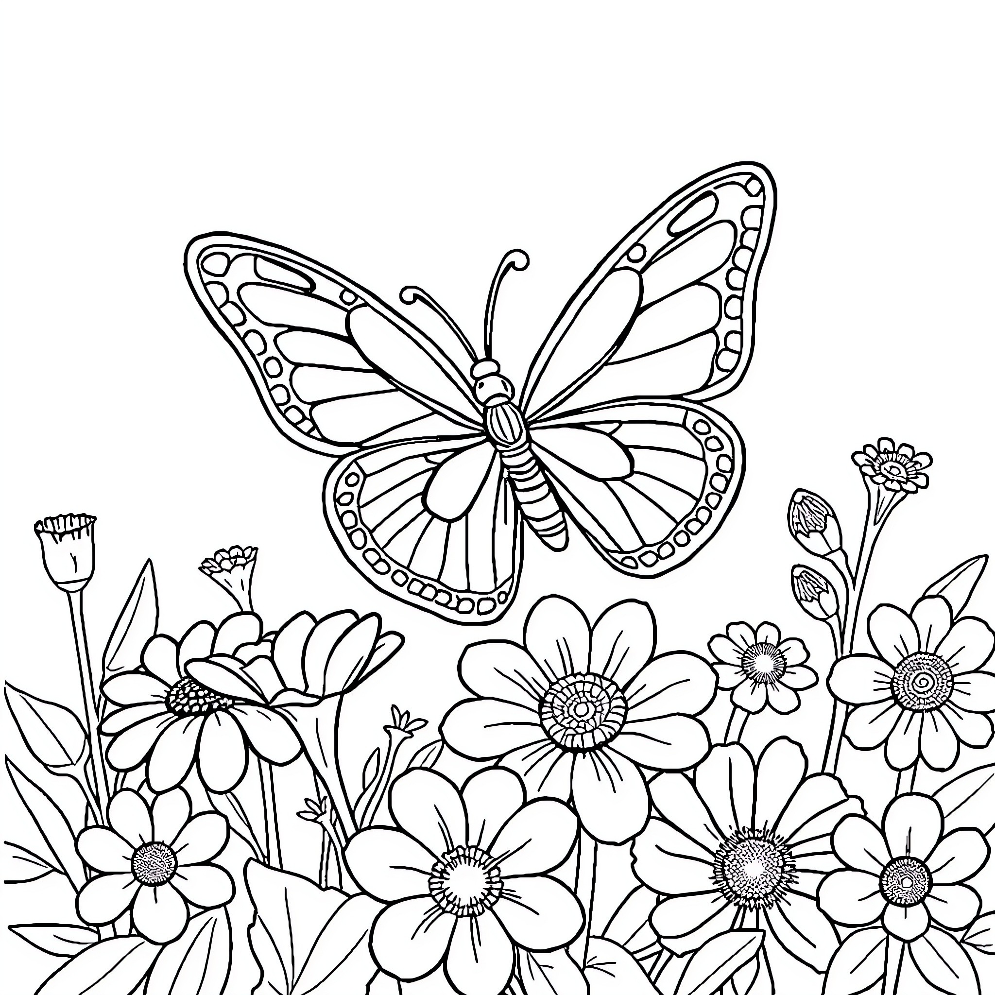 Butterfly amidst a floral garden Coloring Page (free black-and-white line drawing printable PDF for all, from beginners to advanced learners, including children, teens, adults, and seniors)