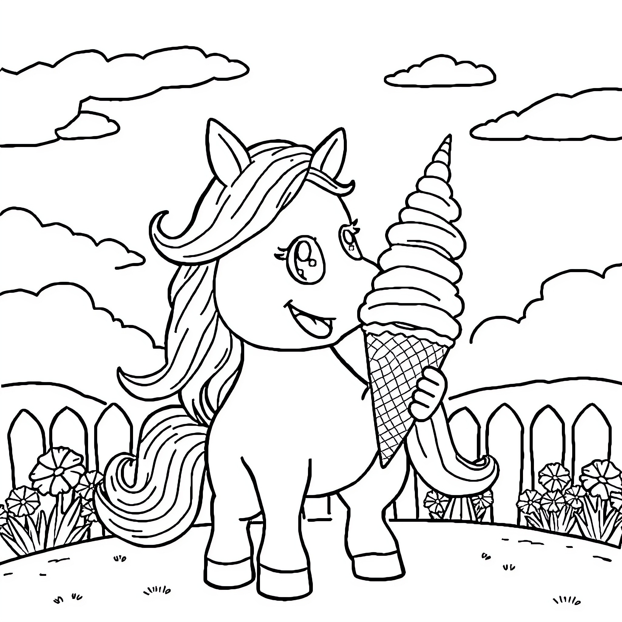 Unicorn enjoying a delightful ice cream treat Coloring Page (free black-and-white line drawing printable PDF for all, from beginners to advanced learners, including children, teens, adults, and seniors)