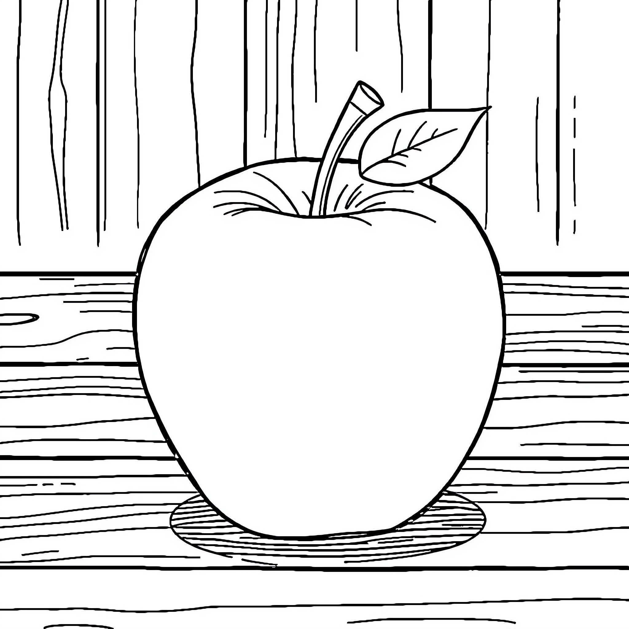 Apple on Wooden Planks Coloring Page (free black-and-white line drawing printable PDF for all, from beginners to advanced learners, including children, teens, adults, and seniors)
