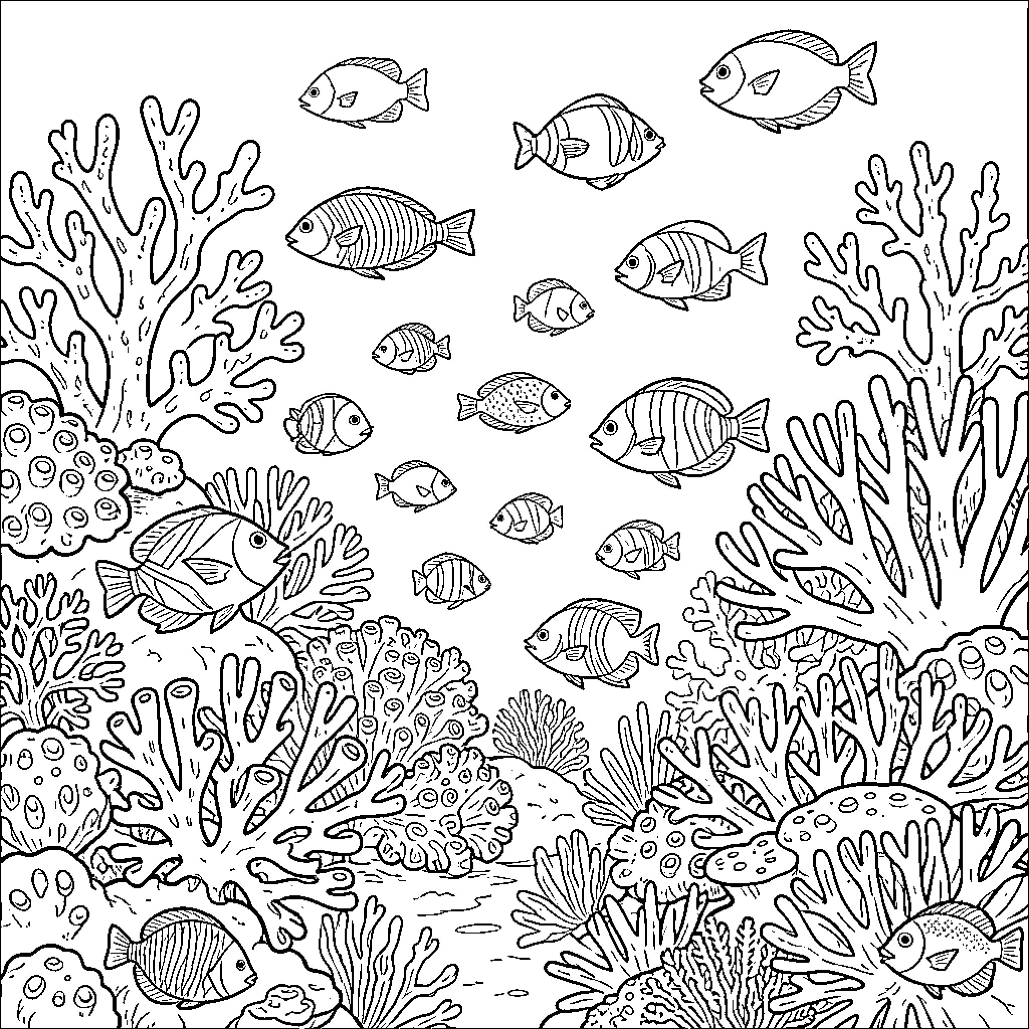 Coral Reef Filled with Vibrant Marine Life Coloring Page (free black-and-white line drawing printable PDF for all, from beginners to advanced learners, including children, teens, adults, and seniors)