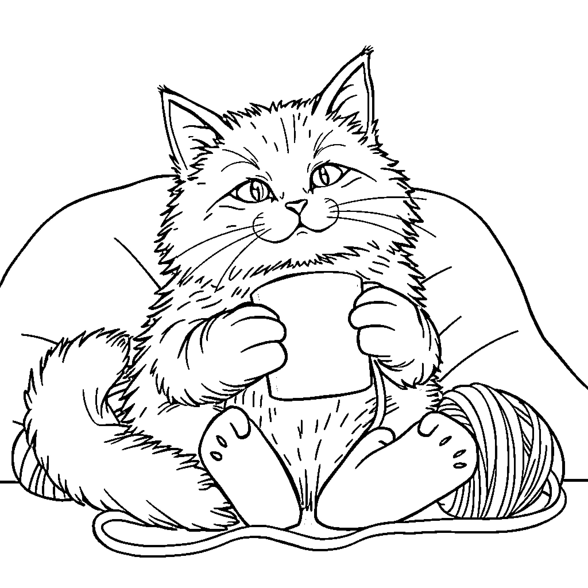 Cat playing with yarn in black and white Coloring Page (free black-and-white line drawing printable PDF for all, from beginners to advanced learners, including children, teens, adults, and seniors)