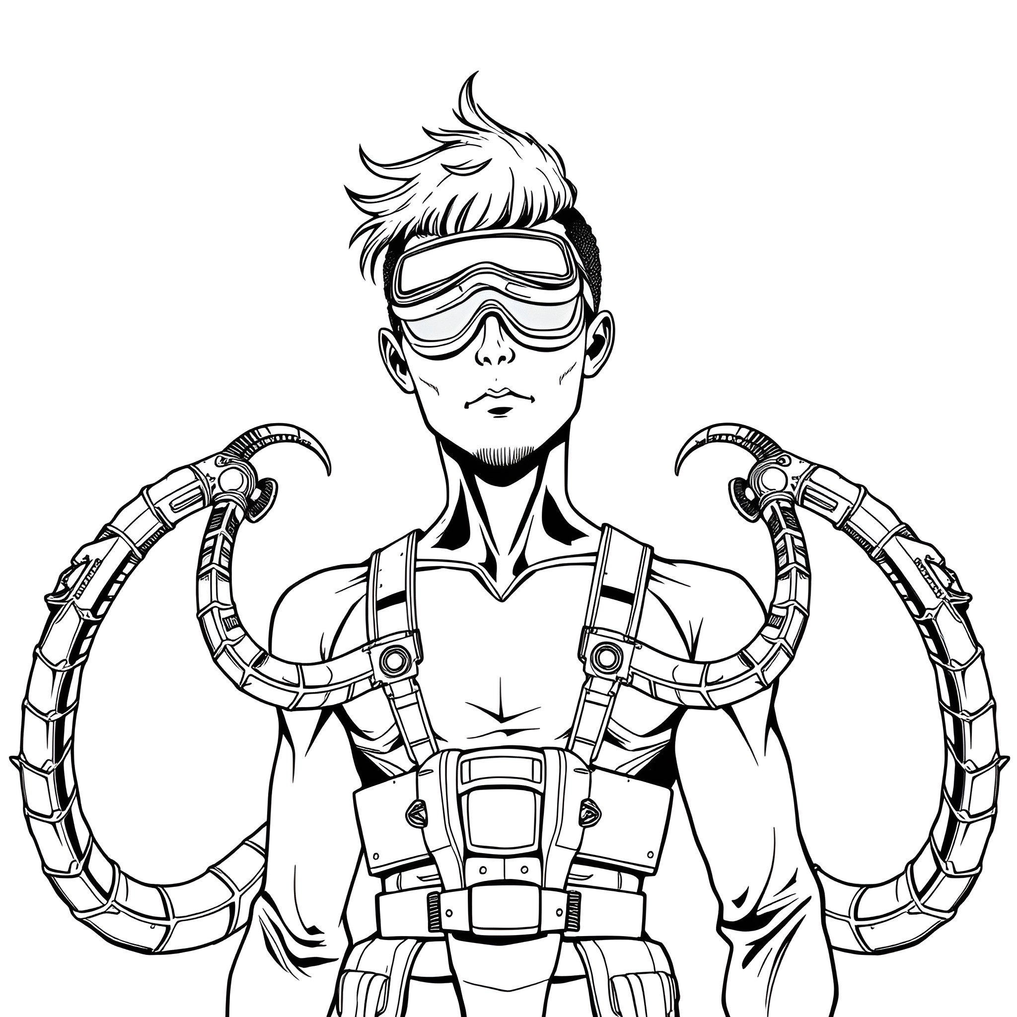 Man in Futuristic Gear with Robotic Arms Coloring Page (free black-and-white line drawing printable PDF for all, from beginners to advanced learners, including children, teens, adults, and seniors)