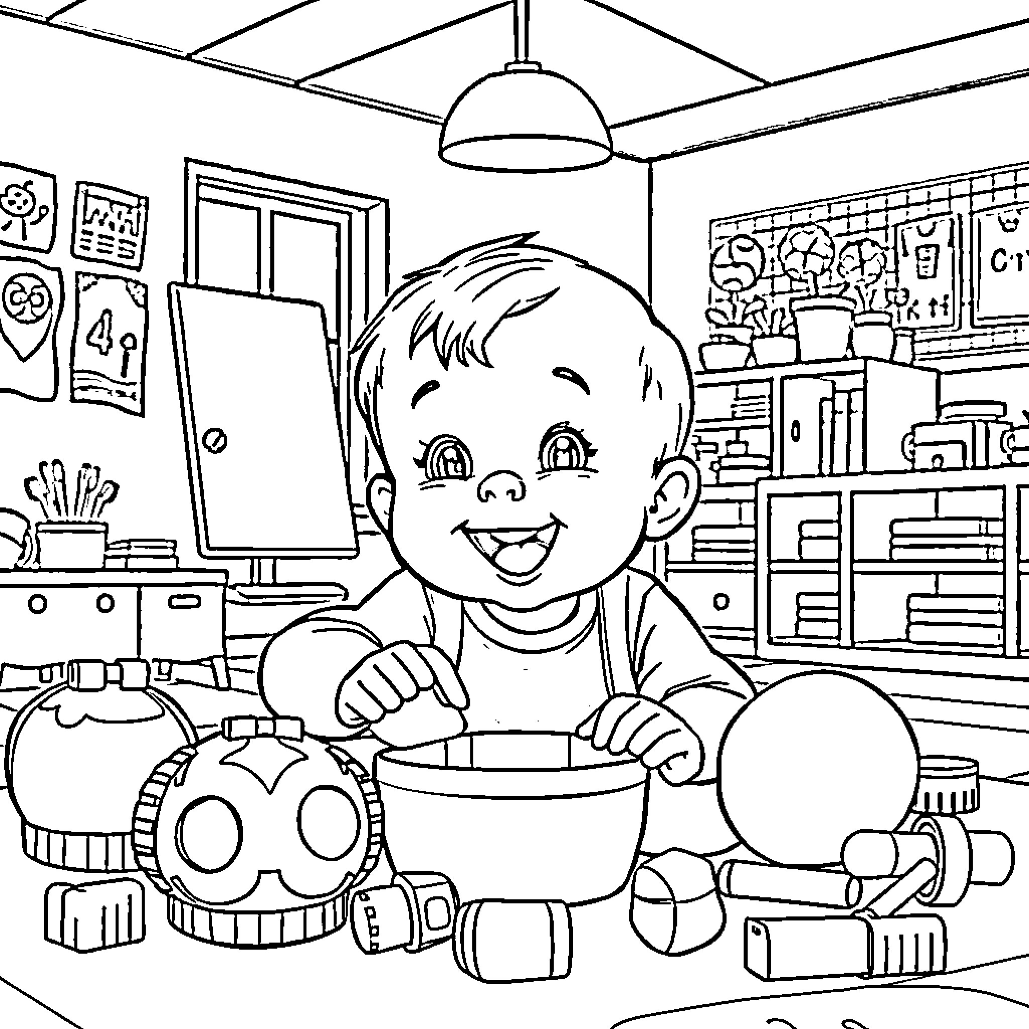 Baby playing joyfully with toys in a cozy room Coloring Page (free black-and-white line drawing printable PDF for all, from beginners to advanced learners, including children, teens, adults, and seniors)