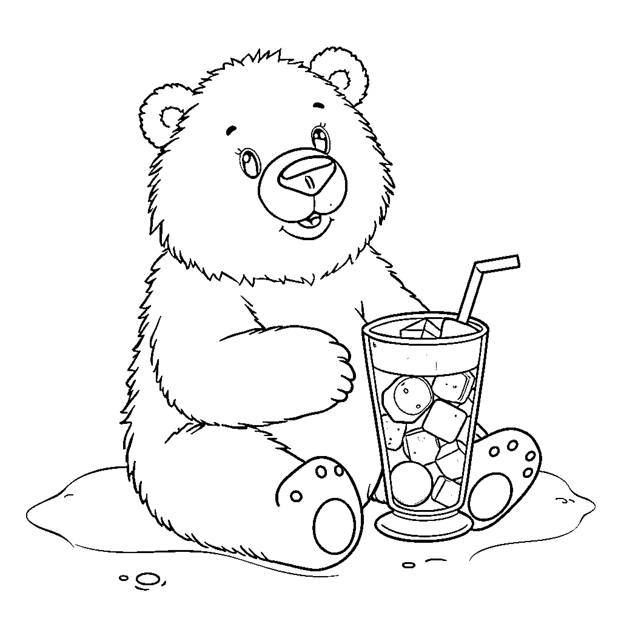 Polar Bear enjoying a cool drink Coloring Page (free black-and-white line drawing printable PDF for all, from beginners to advanced learners, including children, teens, adults, and seniors)