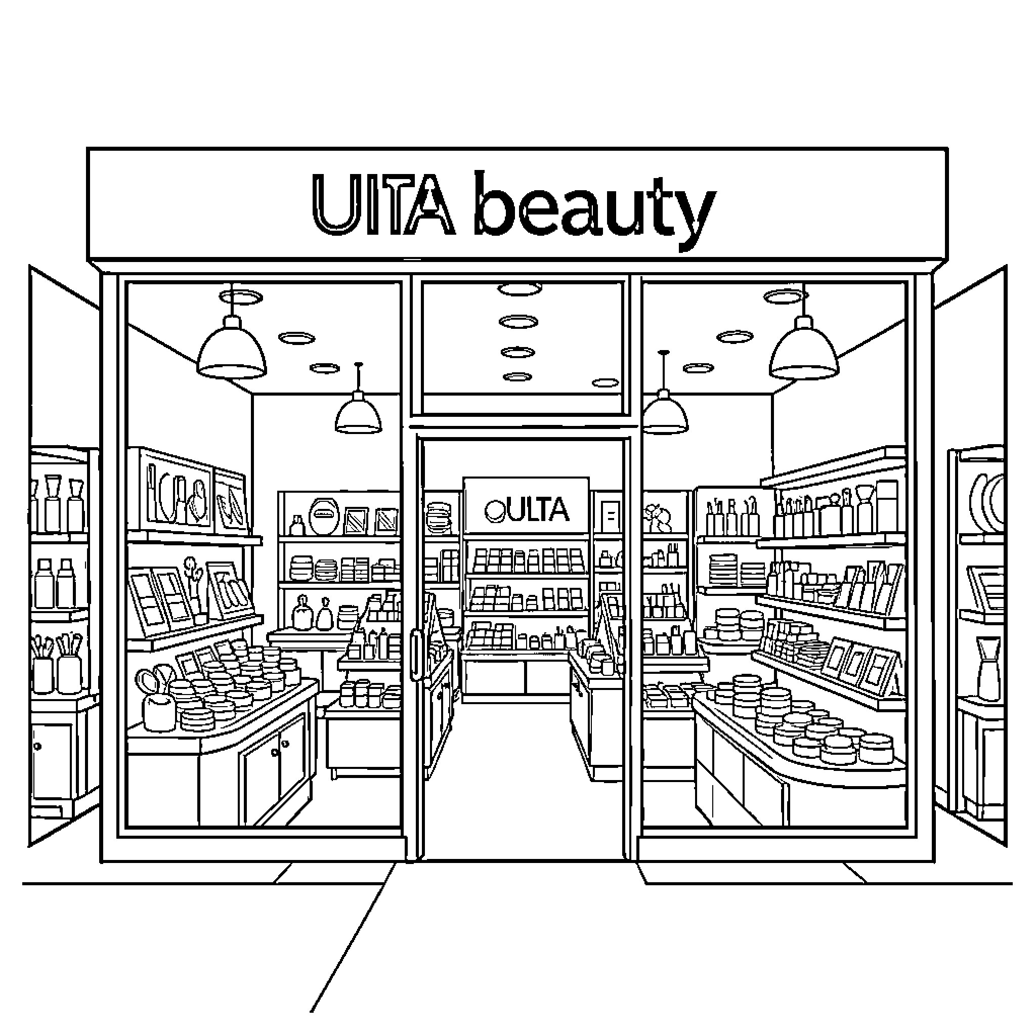 Ulta beauty store interior with shelves and products Coloring Page (free black-and-white line drawing printable PDF for all, from beginners to advanced learners, including children, teens, adults, and seniors)