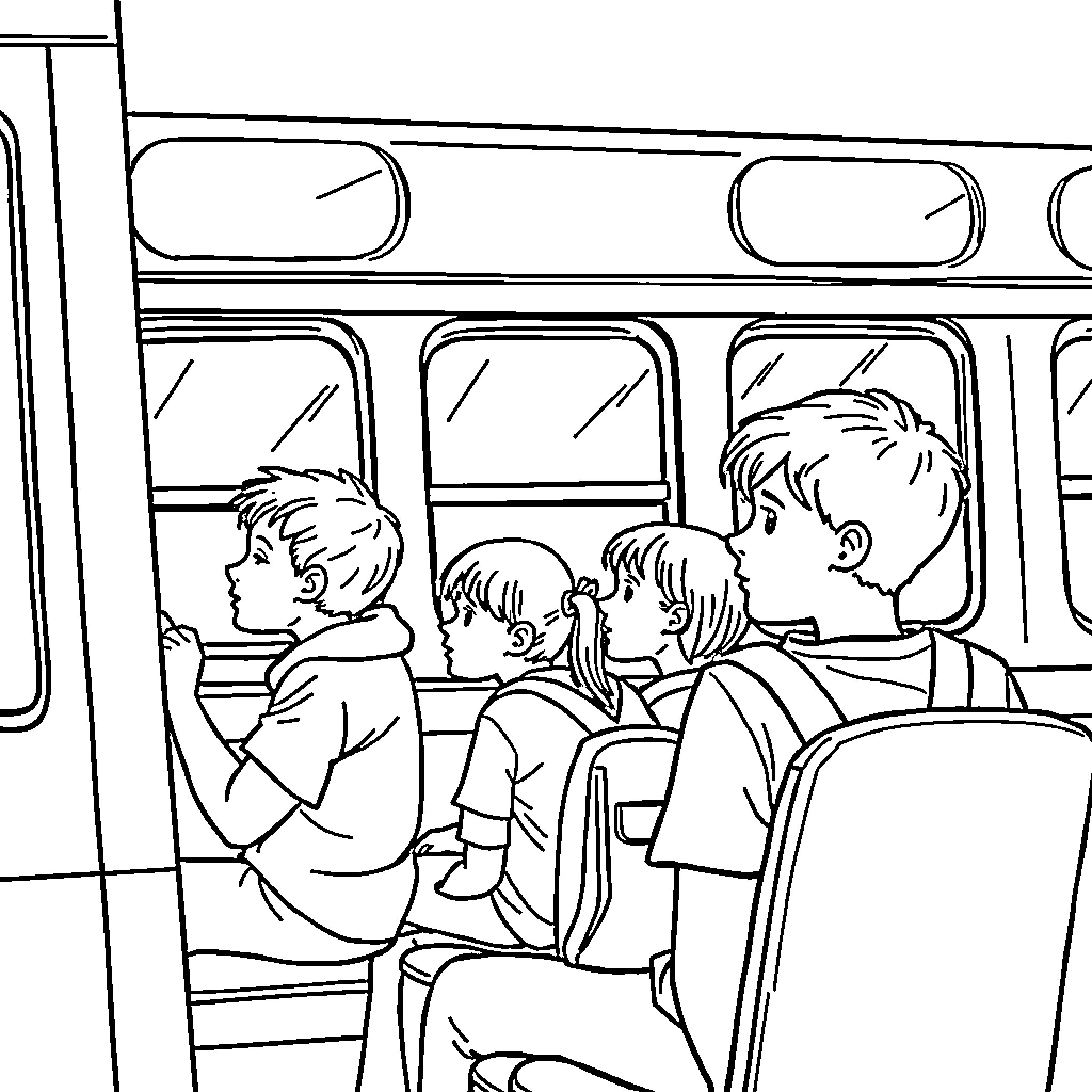 Students commuting by bus Coloring Page (free black-and-white line drawing printable PDF for all, from beginners to advanced learners, including children, teens, adults, and seniors)