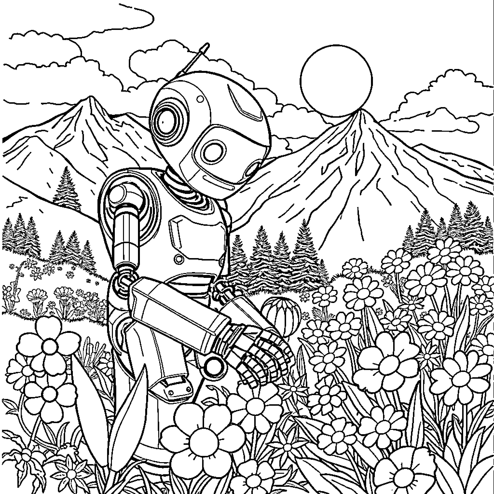 Robot exploring lush mountain landscape Coloring Page (free black-and-white line drawing printable PDF for all, from beginners to advanced learners, including children, teens, adults, and seniors)