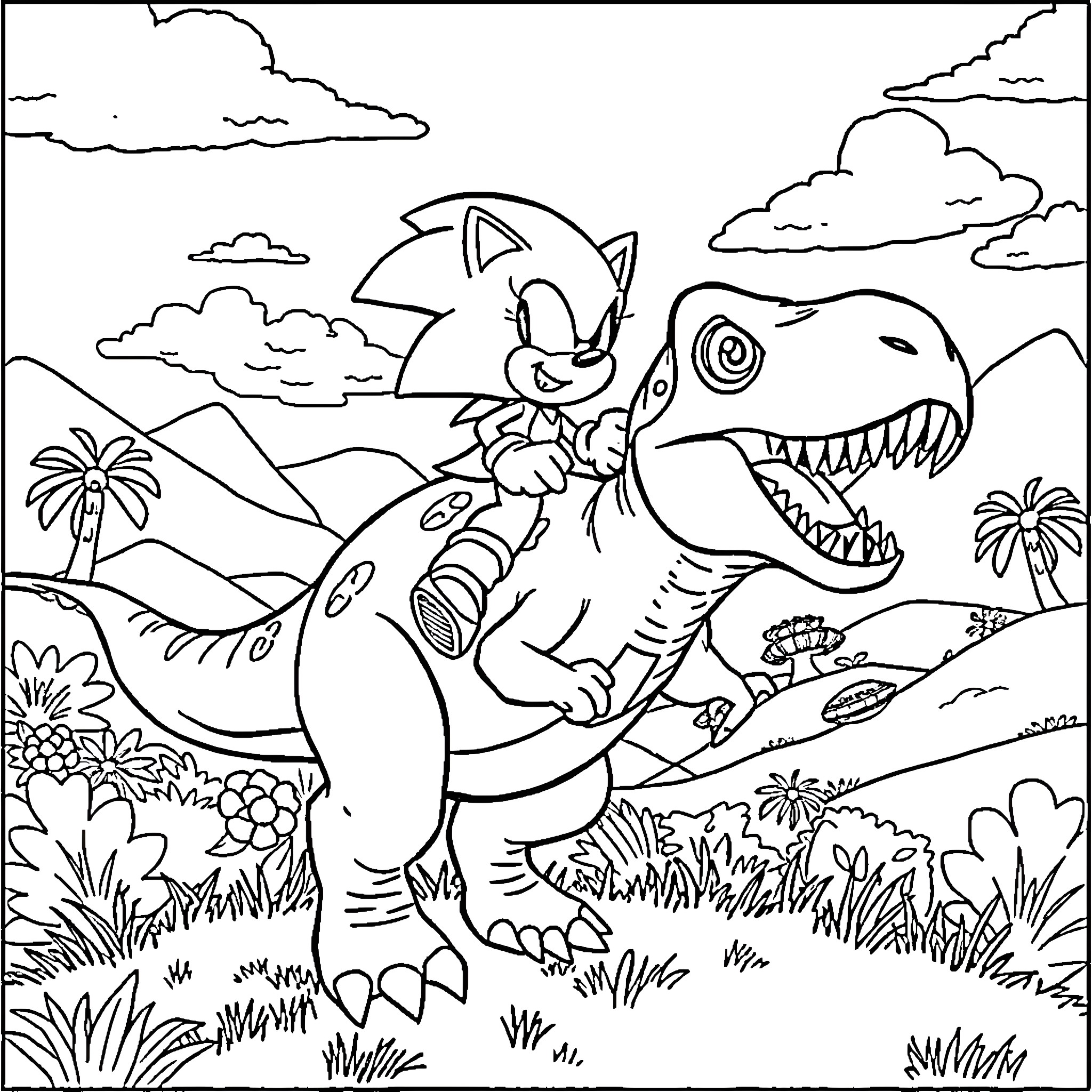 Sonic adventuring with a Tyrannosaurus Rex in a tropical landscape Coloring Page (free black-and-white line drawing printable PDF for all, from beginners to advanced learners, including children, teens, adults, and seniors)