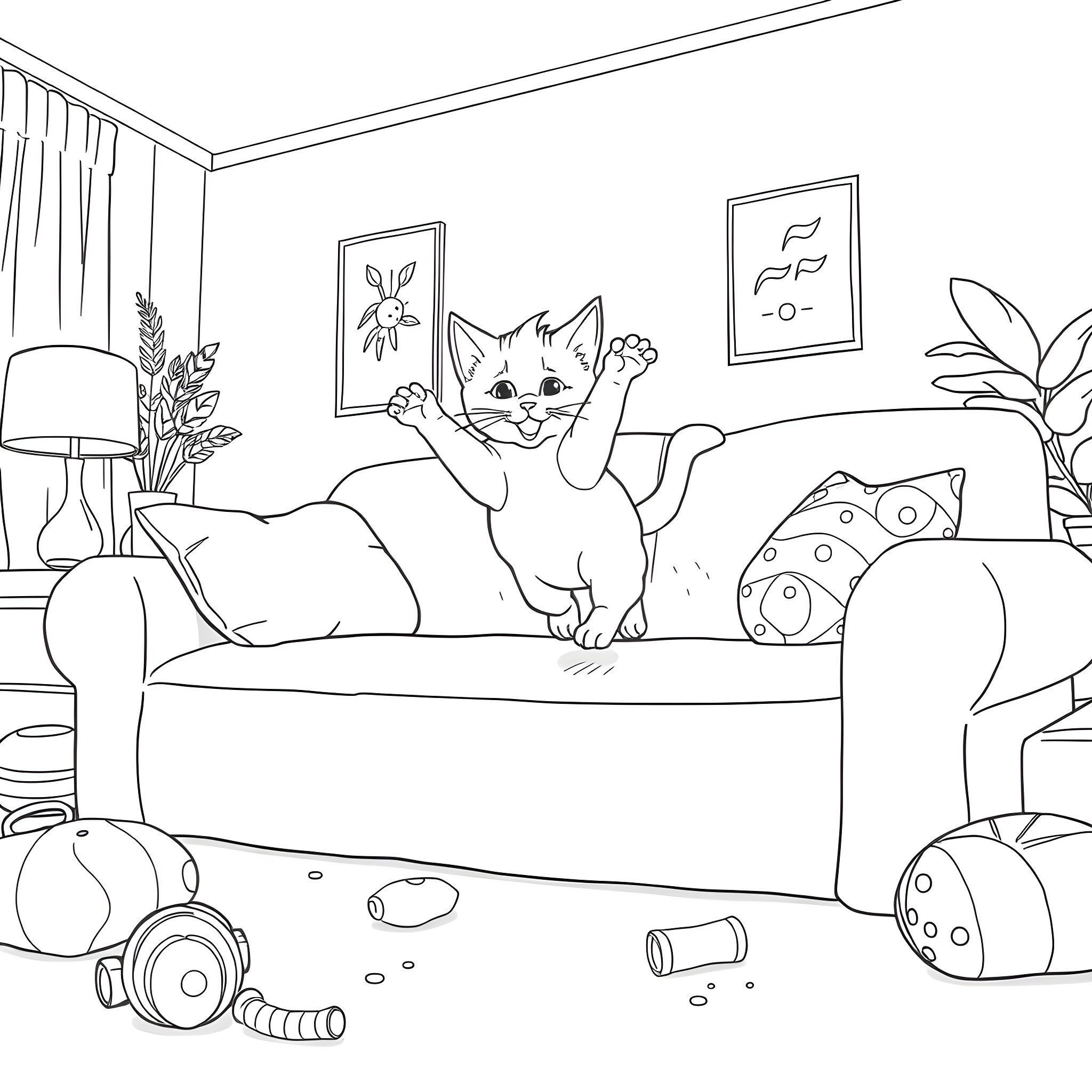 Cat relaxing playfully on the couch Coloring Page (free black-and-white line drawing printable PDF for all, from beginners to advanced learners, including children, teens, adults, and seniors)