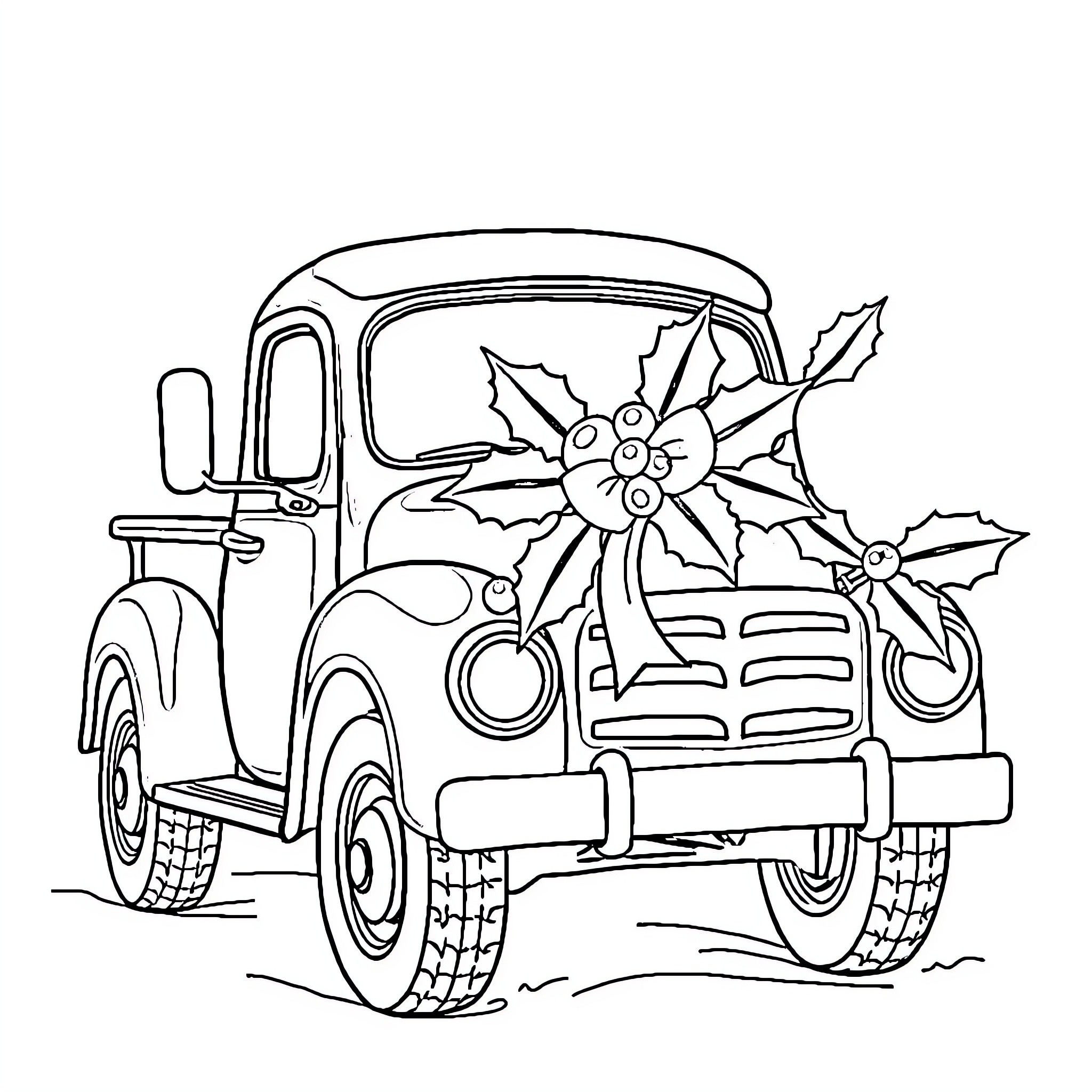 Truck decorated with holiday decorations Coloring Page (free black-and-white line drawing printable PDF for all, from beginners to advanced learners, including children, teens, adults, and seniors)
