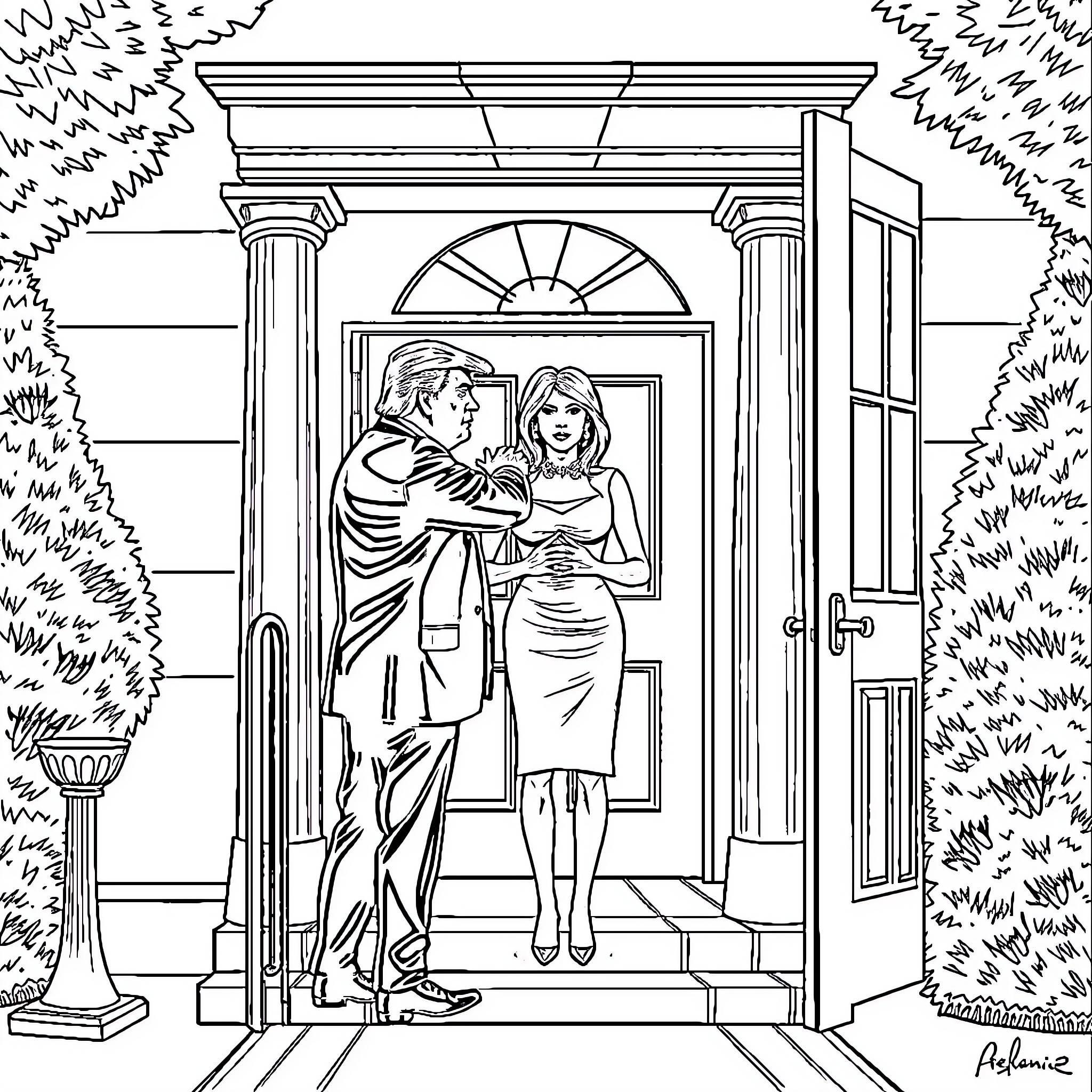 Trump and First Lady Exiting White House Coloring Page (free black-and-white line drawing printable PDF for all, from beginners to advanced learners, including children, teens, adults, and seniors)