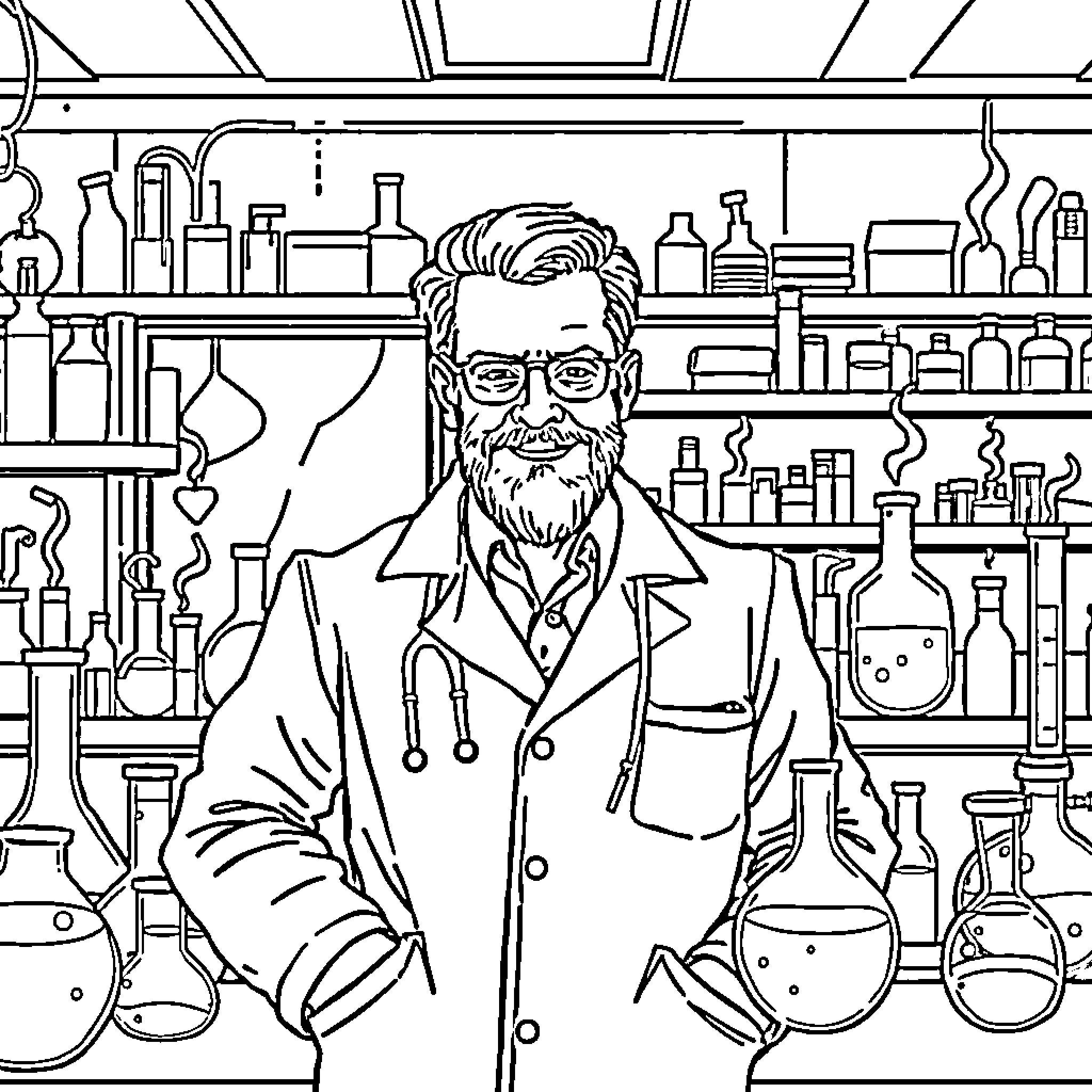 Man in lab coat standing among scientific equipment Coloring Page (free black-and-white line drawing printable PDF for all, from beginners to advanced learners, including children, teens, adults, and seniors)