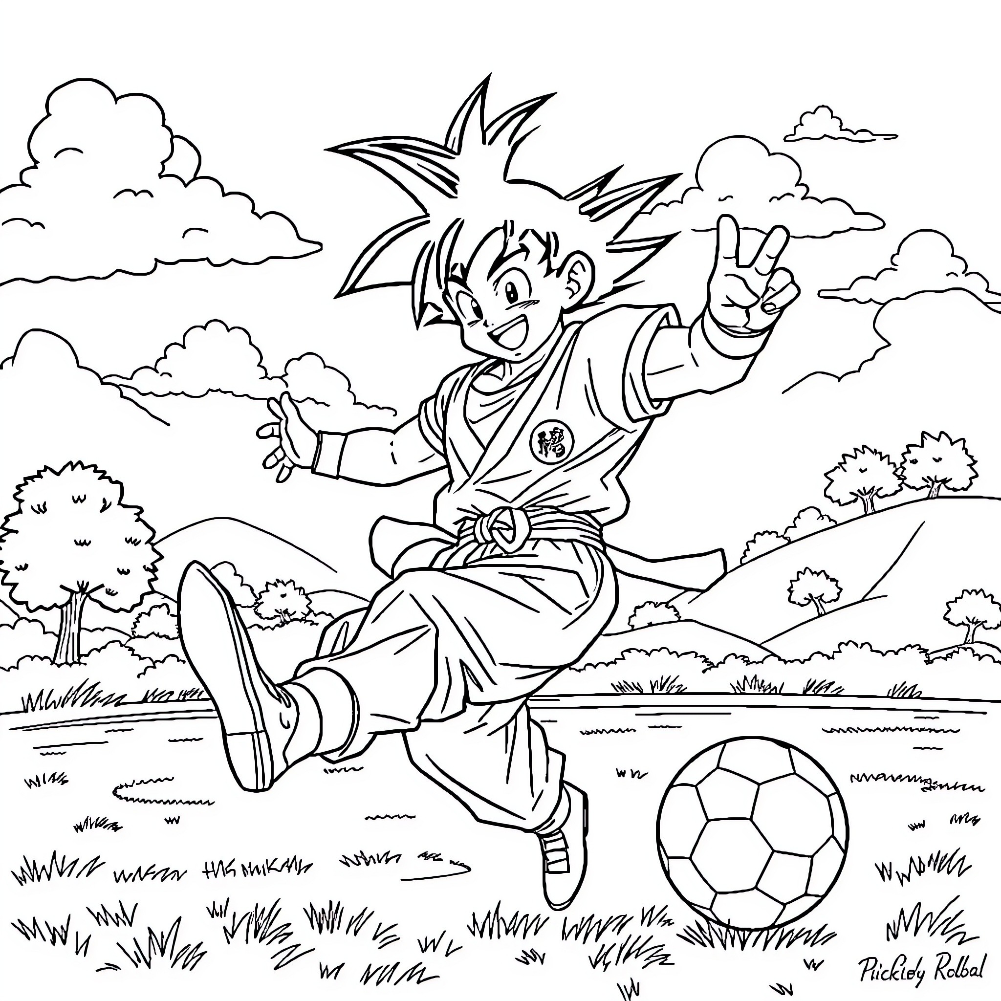 Goku playing soccer with enthusiasm in the outdoor field Coloring Page (free black-and-white line drawing printable PDF for all, from beginners to advanced learners, including children, teens, adults, and seniors)