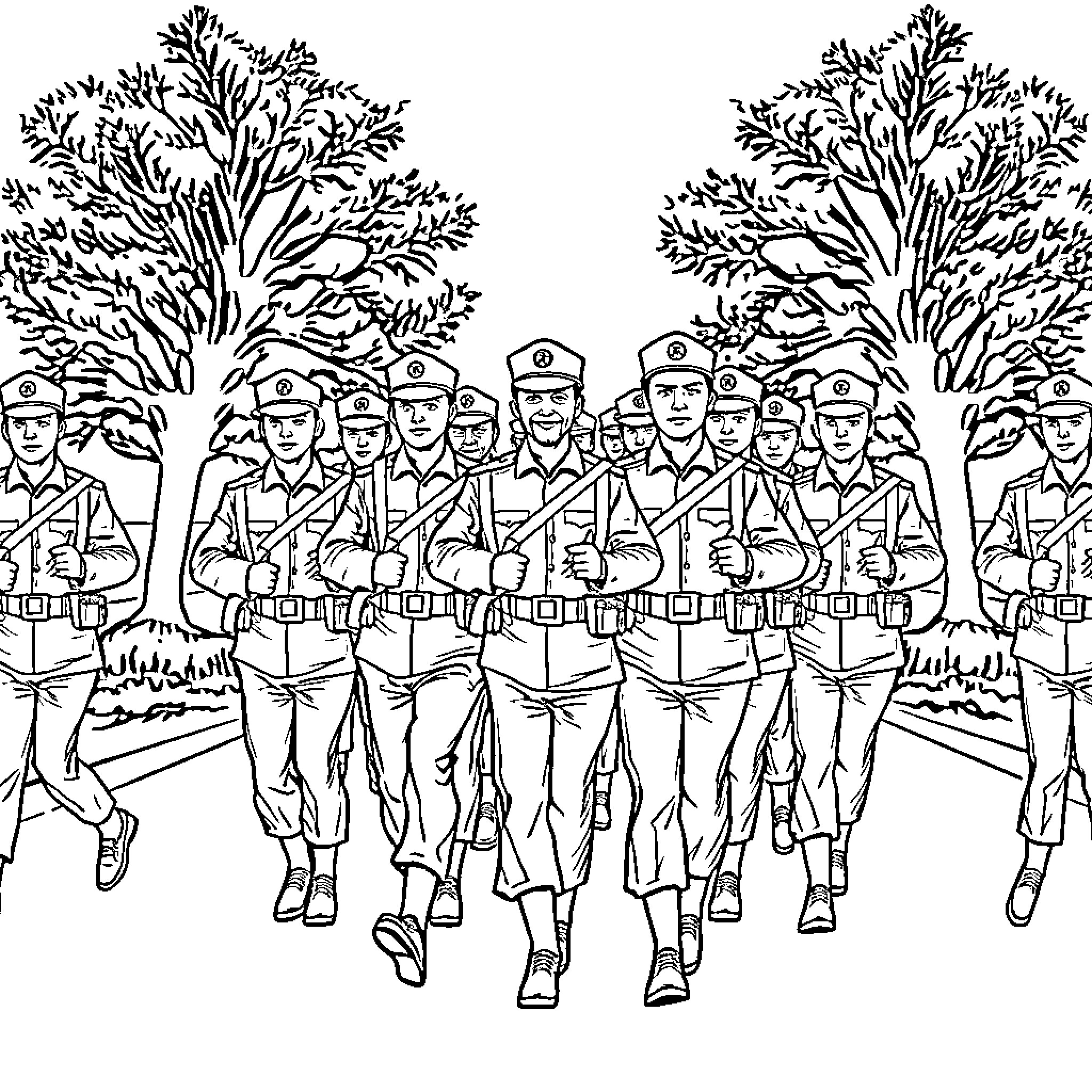 Army soldiers marching in formation Coloring Page (free black-and-white line drawing printable PDF for all, from beginners to advanced learners, including children, teens, adults, and seniors)