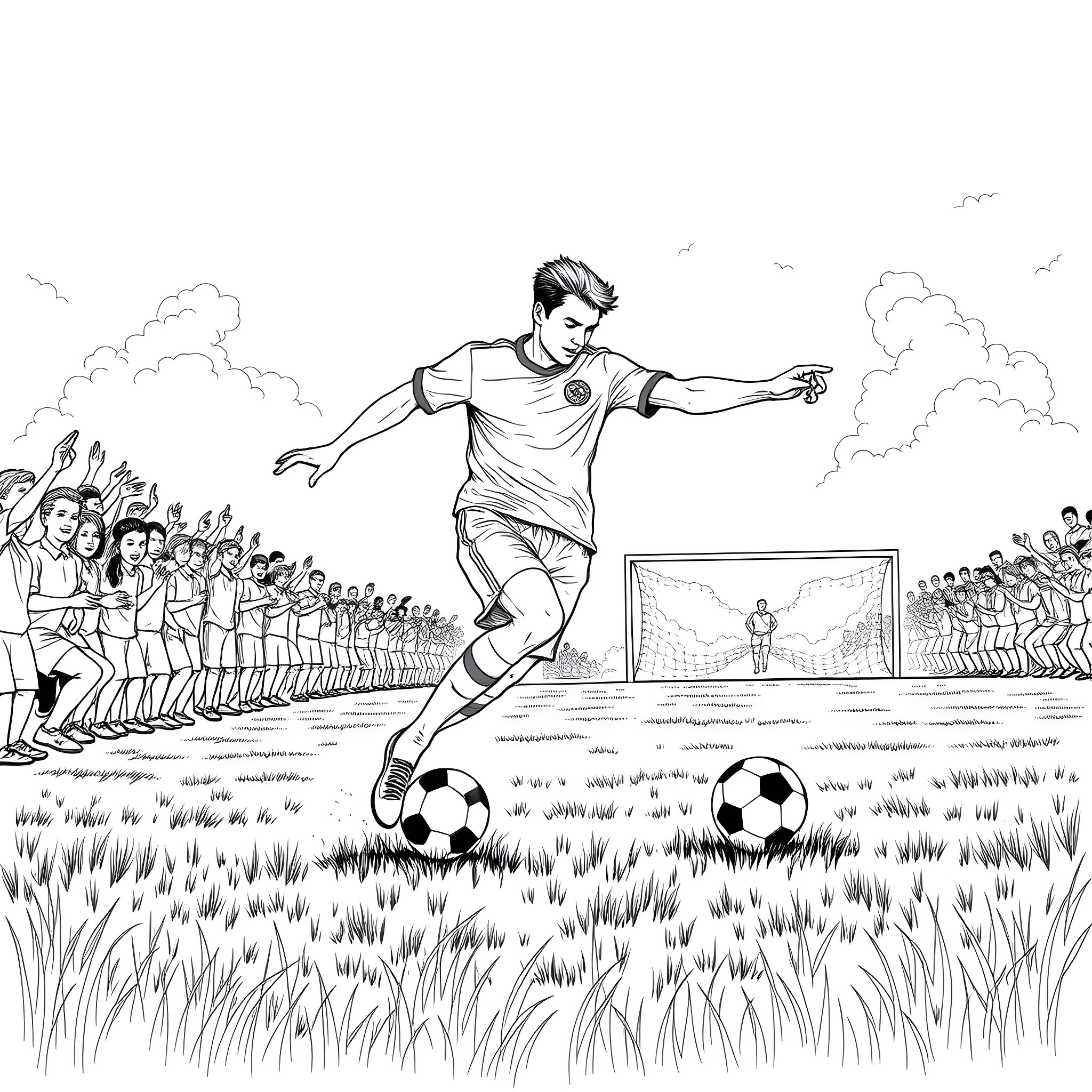 Soccer Player Dribbling Ball on Field with Spectators Coloring Page (free black-and-white line drawing printable PDF for all, from beginners to advanced learners, including children, teens, adults, and seniors)