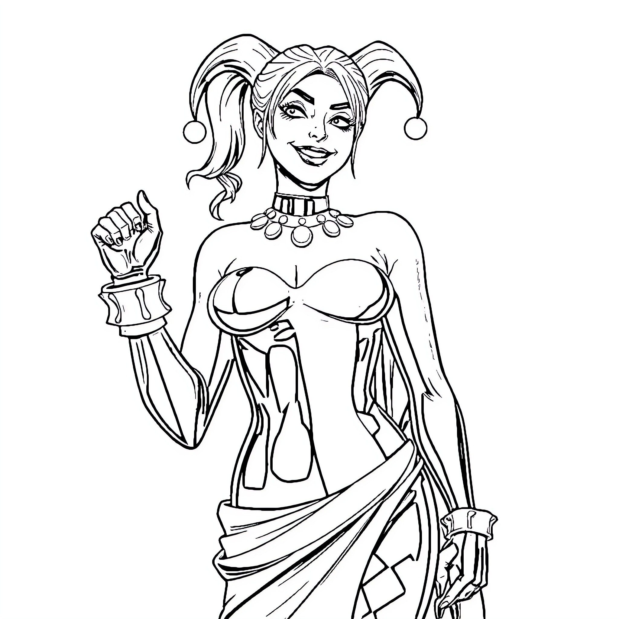 Harley Quinn in a striking pose Coloring Page (free black-and-white line drawing printable PDF for all, from beginners to advanced learners, including children, teens, adults, and seniors)