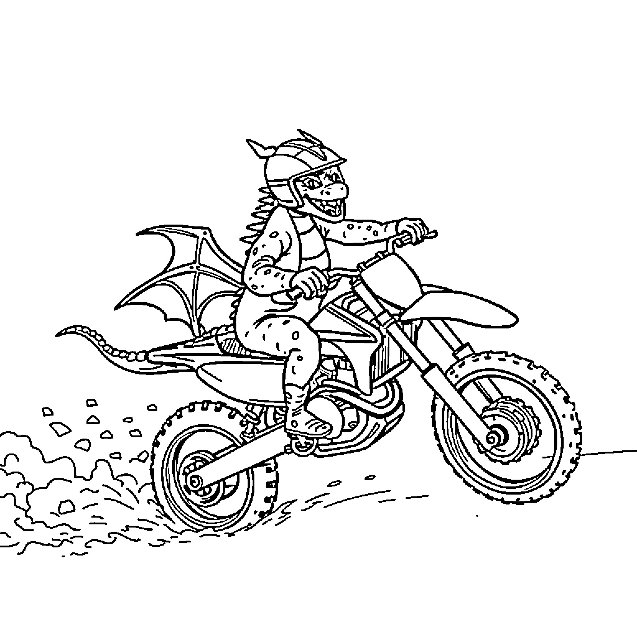 Dragon riding dirt bike in the wilderness Coloring Page (free black-and-white line drawing printable PDF for all, from beginners to advanced learners, including children, teens, adults, and seniors)