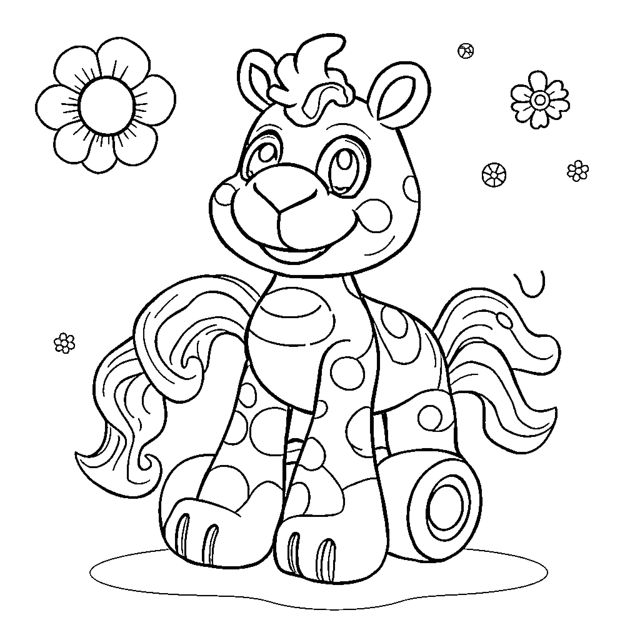 Child's playful toy pony in a floral scene Coloring Page (free black-and-white line drawing printable PDF for all, from beginners to advanced learners, including children, teens, adults, and seniors)