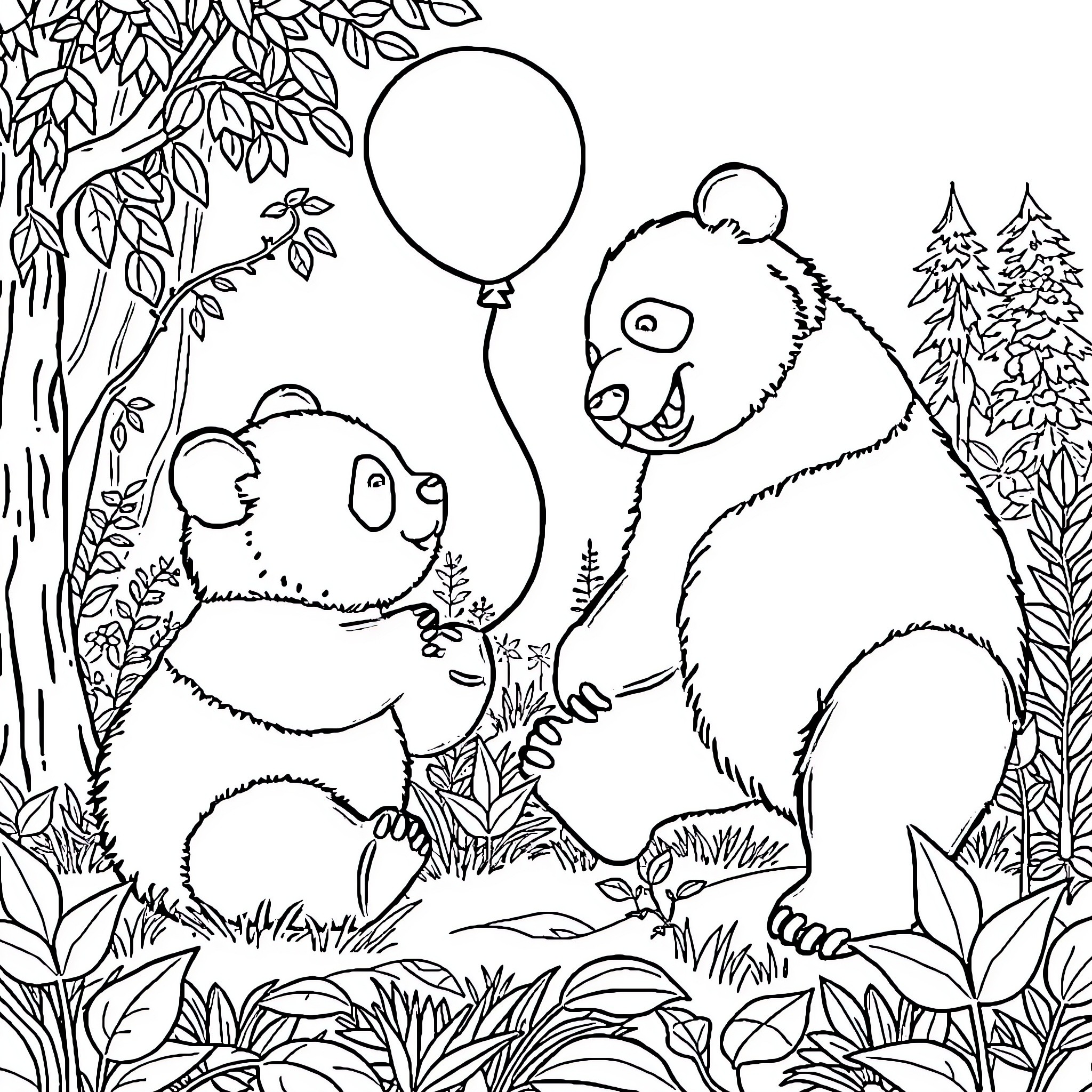 Panda playing with balloon in forest Coloring Page (free black-and-white line drawing printable PDF for all, from beginners to advanced learners, including children, teens, adults, and seniors)