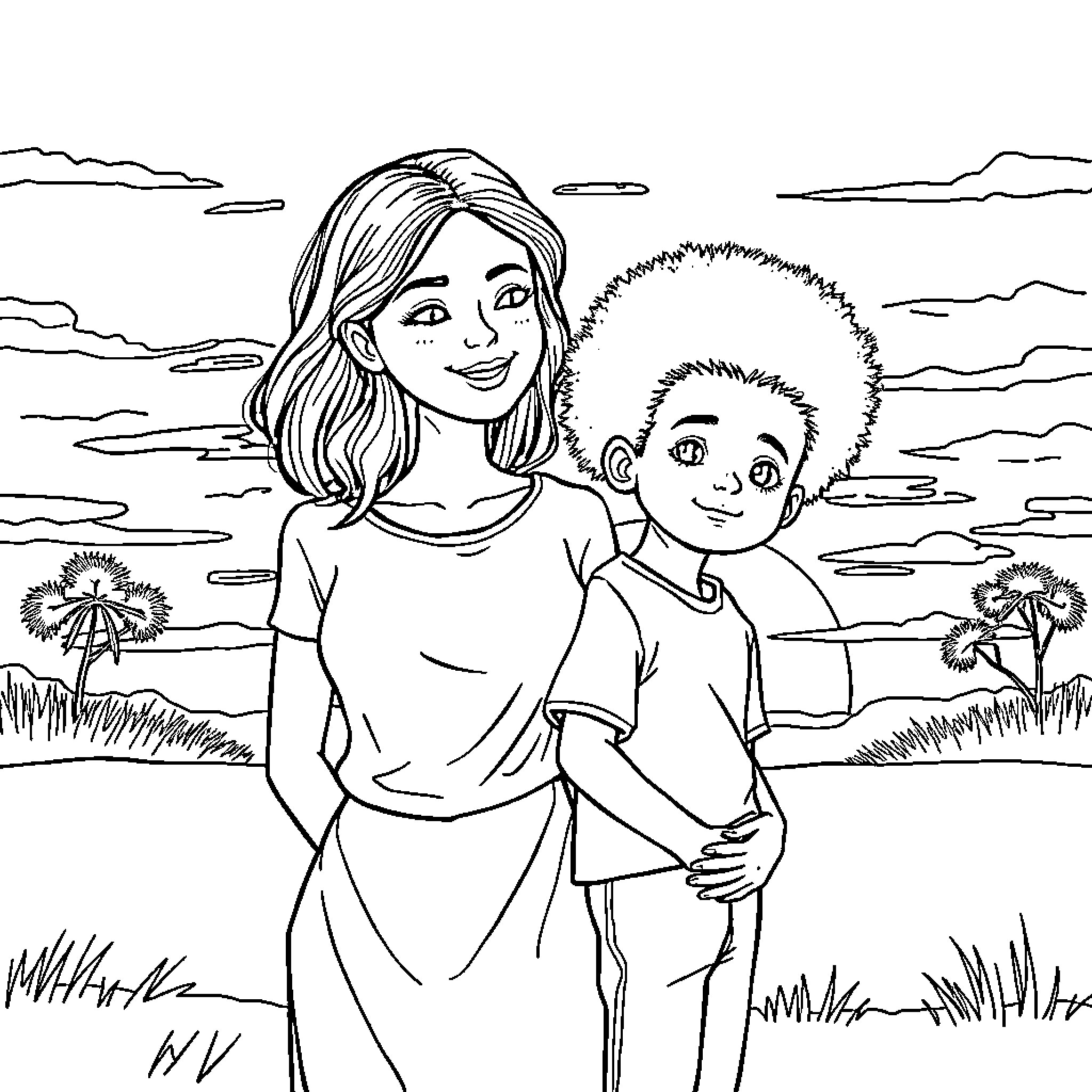 Mom and child exploring nature together Coloring Page (free black-and-white line drawing printable PDF for all, from beginners to advanced learners, including children, teens, adults, and seniors)