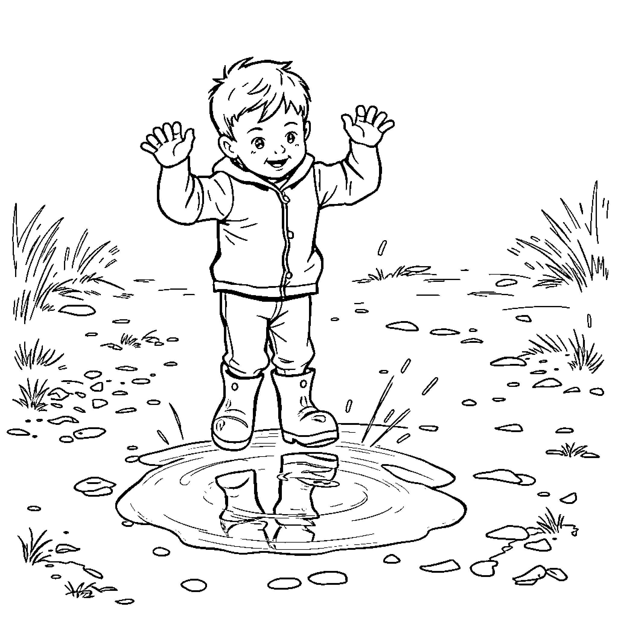 Boy jumping in puddle with excitement Coloring Page (free black-and-white line drawing printable PDF for all, from beginners to advanced learners, including children, teens, adults, and seniors)