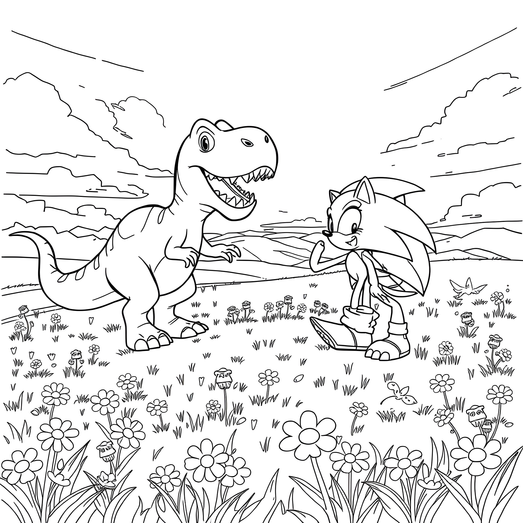 Dinosaur friends exploring the lush meadow Coloring Page (free black-and-white line drawing printable PDF for all, from beginners to advanced learners, including children, teens, adults, and seniors)