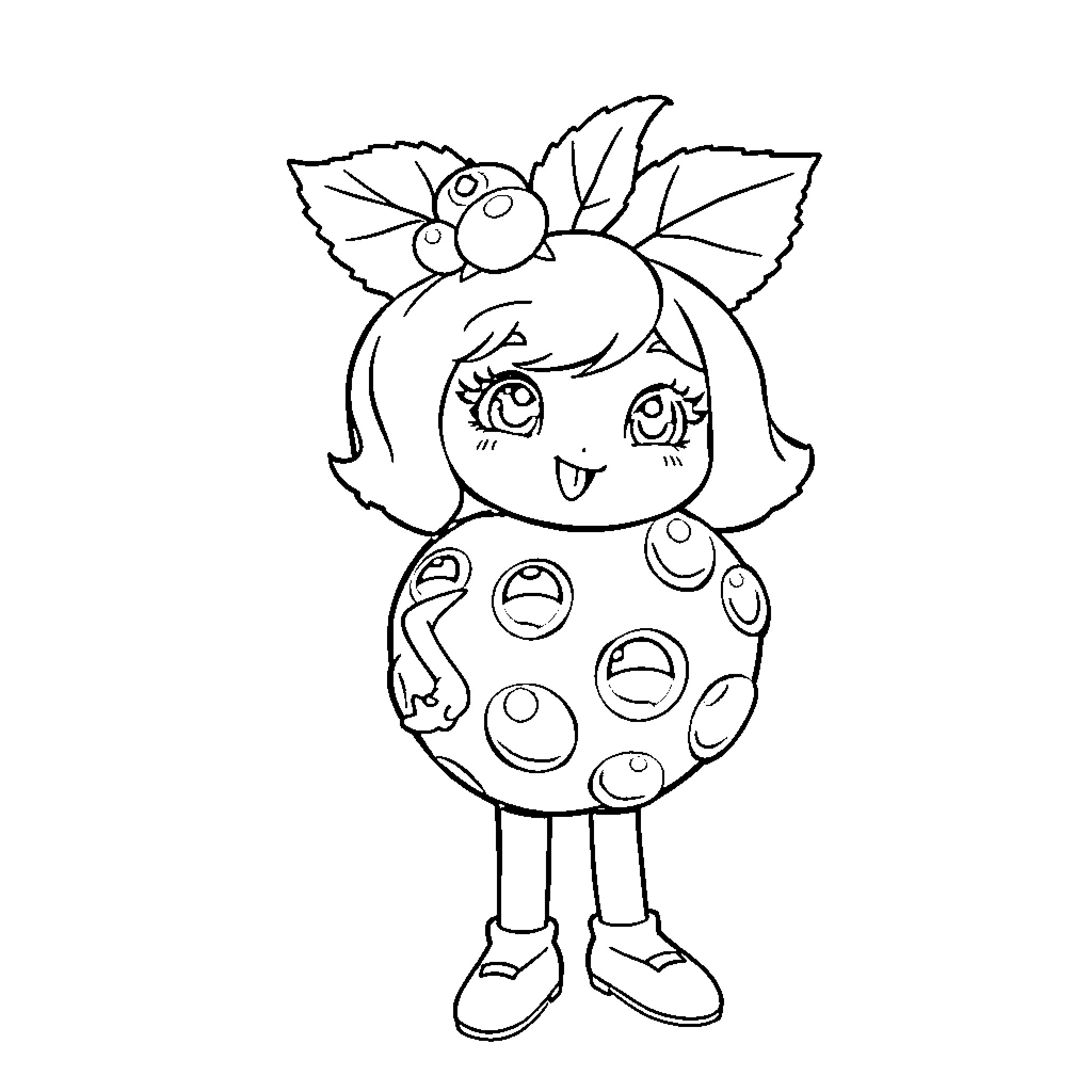 Blueberry girl in polka dot dress Coloring Page (free black-and-white line drawing printable PDF for all, from beginners to advanced learners, including children, teens, adults, and seniors)