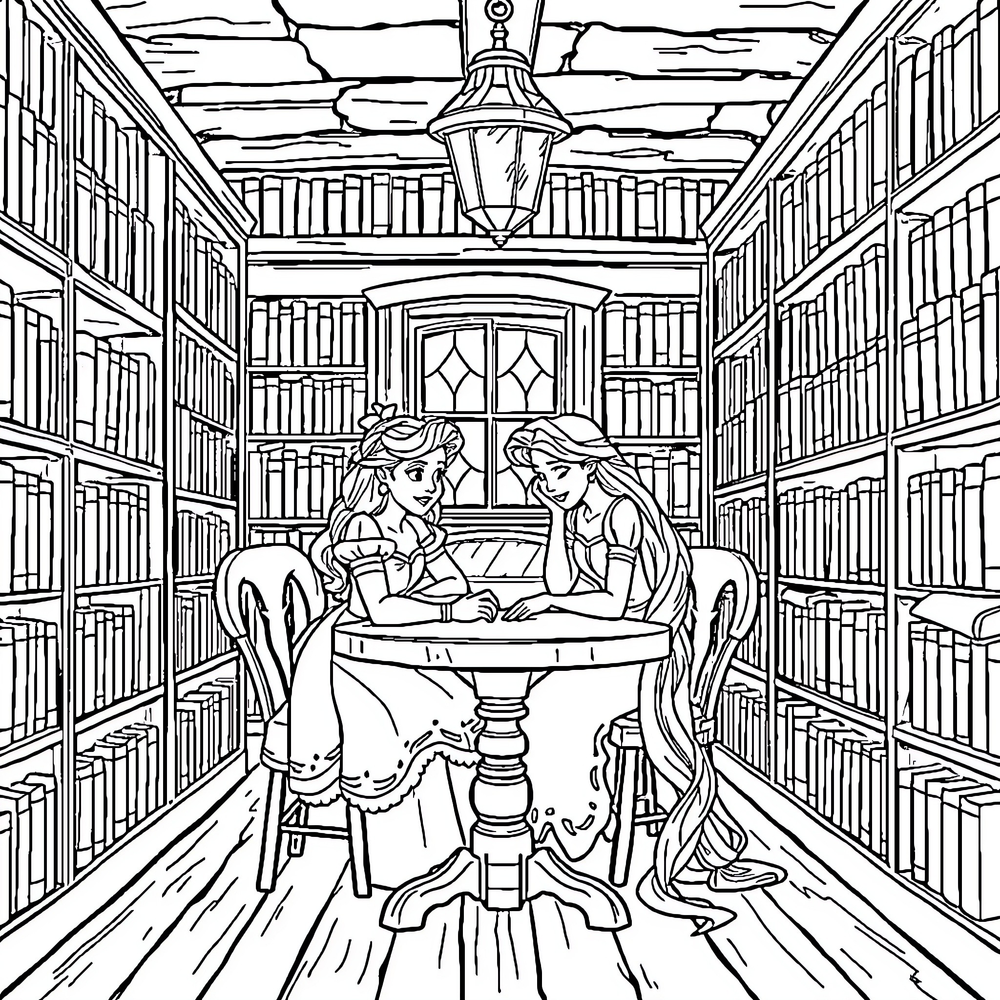 Princess Studying Together in the Library Coloring Page (free black-and-white line drawing printable PDF for all, from beginners to advanced learners, including children, teens, adults, and seniors)