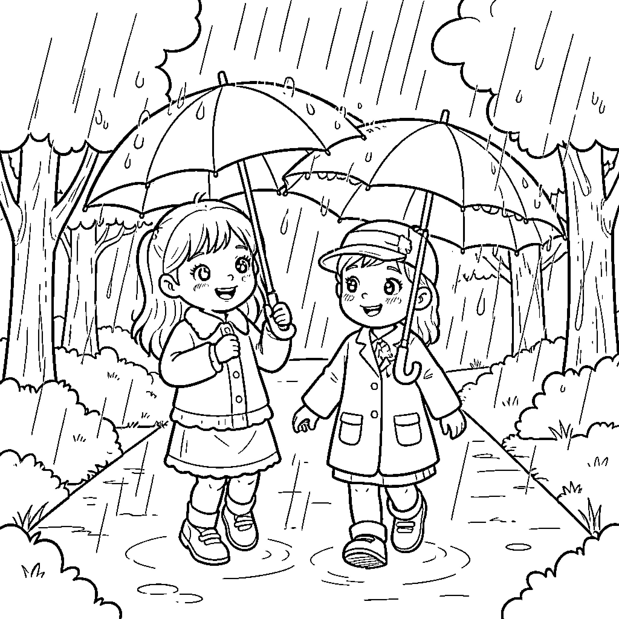 Child's Rainy Day Adventure Coloring Page (free black-and-white line drawing printable PDF for all, from beginners to advanced learners, including children, teens, adults, and seniors)