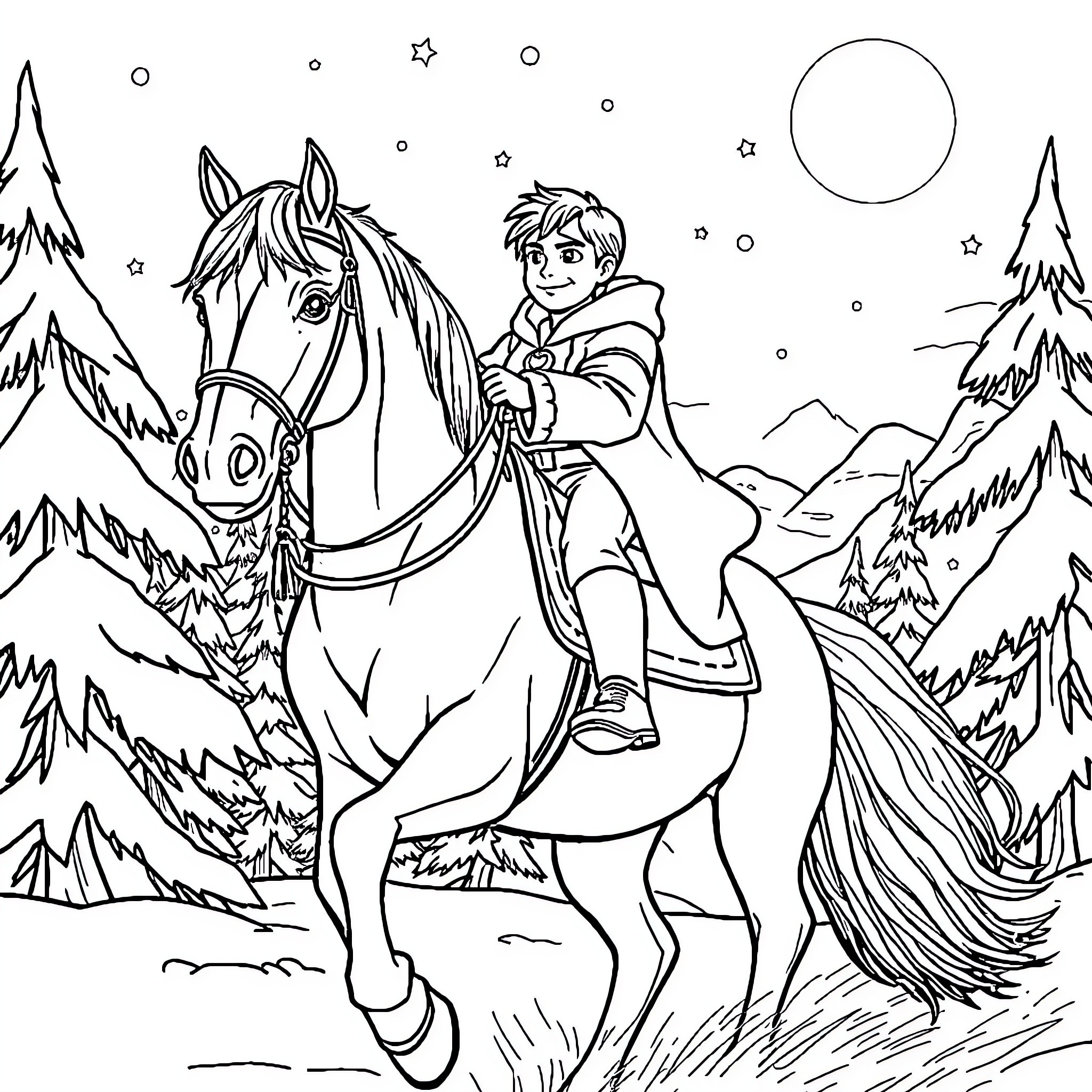Hans riding his horse through the snowy mountains Coloring Page (free black-and-white line drawing printable PDF for all, from beginners to advanced learners, including children, teens, adults, and seniors)