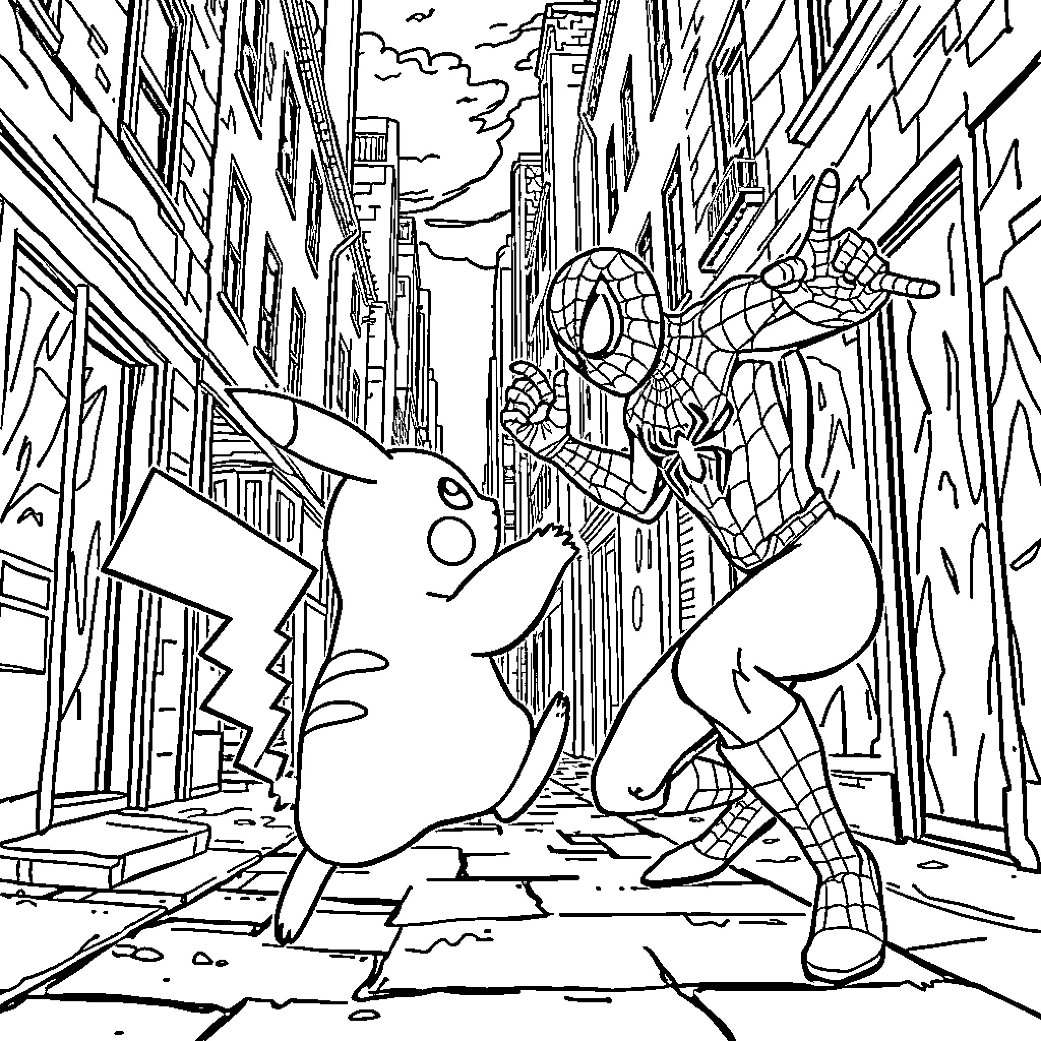 Pikachu and Spiderman facing off in the city streets Coloring Page (free black-and-white line drawing printable PDF for all, from beginners to advanced learners, including children, teens, adults, and seniors)