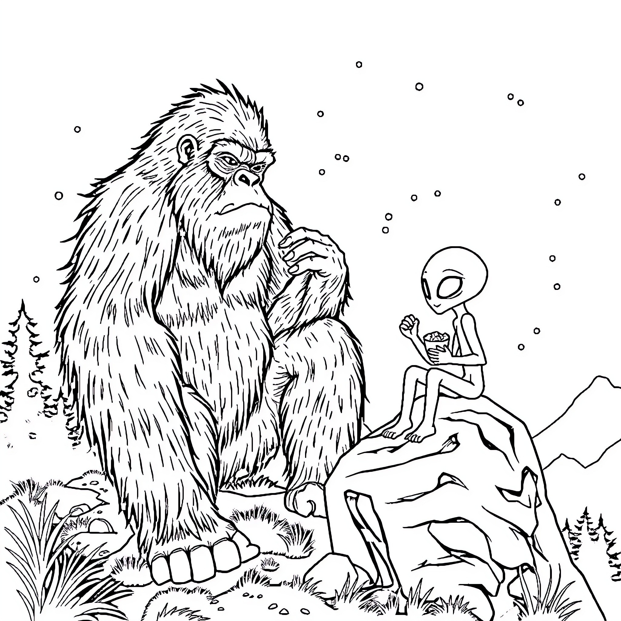 Bigfoot observing a curious alien encounter Coloring Page (free black-and-white line drawing printable PDF for all, from beginners to advanced learners, including children, teens, adults, and seniors)