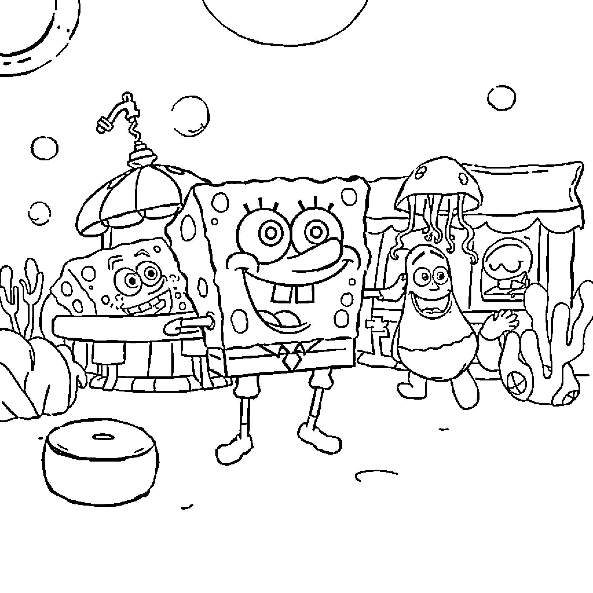 Spongebob and friends in a whimsical underwater scene Coloring Page (free black-and-white line drawing printable PDF for all, from beginners to advanced learners, including children, teens, adults, and seniors)