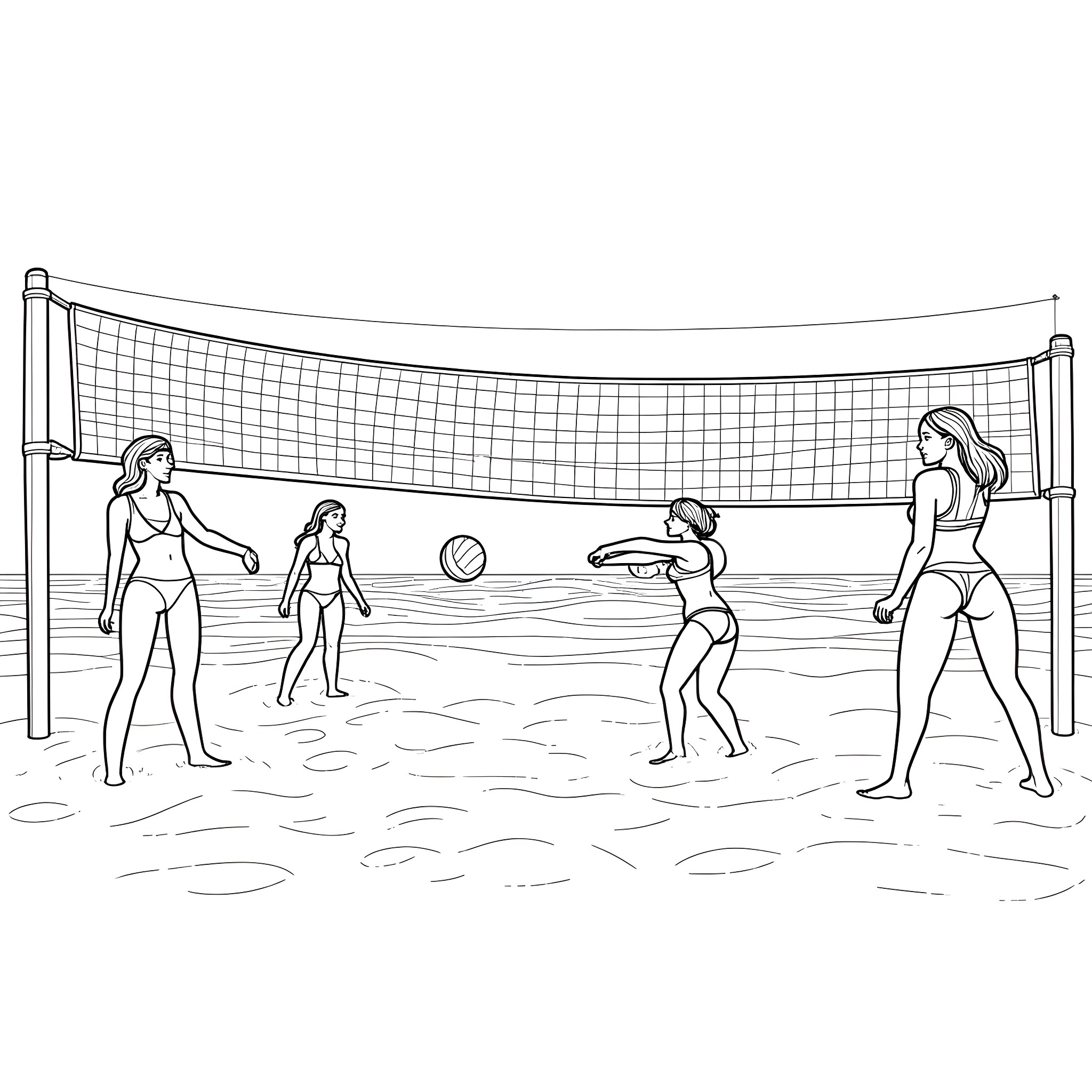 Girls playing volleyball on the beach Coloring Page (free black-and-white line drawing printable PDF for all, from beginners to advanced learners, including children, teens, adults, and seniors)