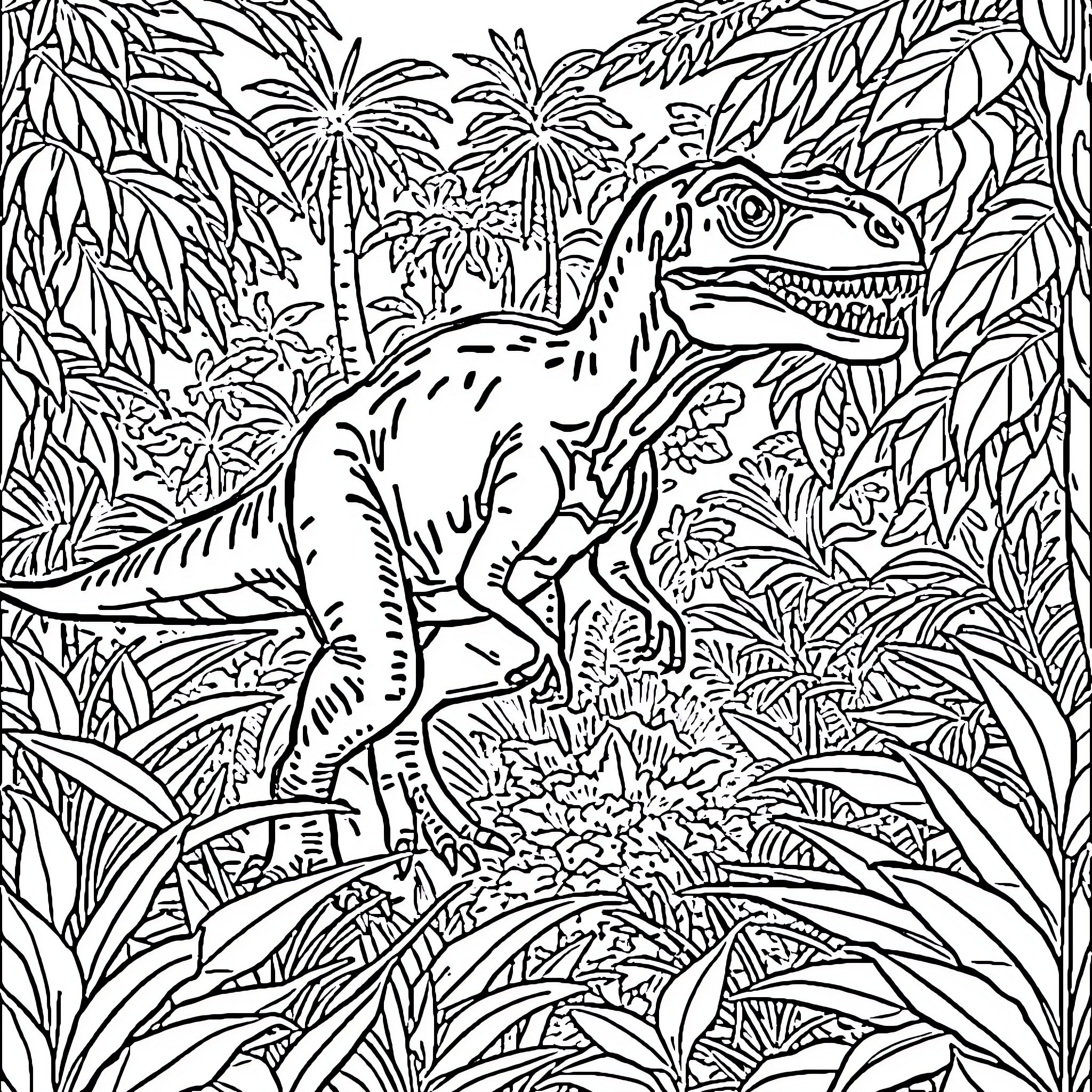 Blue Dinosaur Roaming in Lush Jungle Coloring Page (free black-and-white line drawing printable PDF for all, from beginners to advanced learners, including children, teens, adults, and seniors)