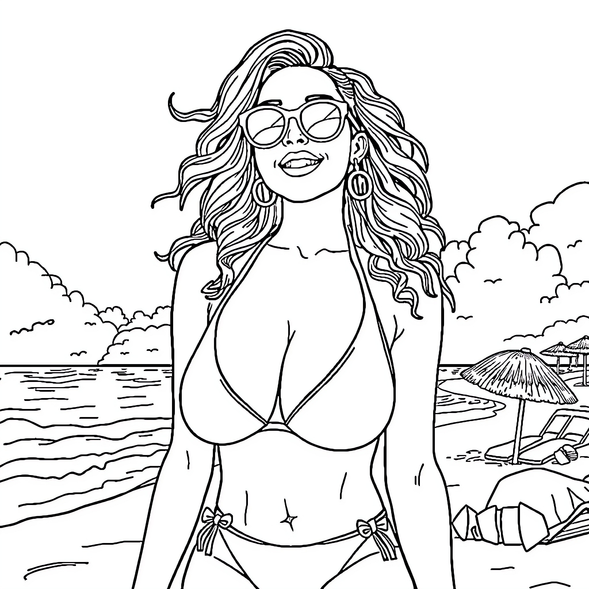 Nikkita Lyons enjoying the beach in swimwear Coloring Page (free black-and-white line drawing printable PDF for all, from beginners to advanced learners, including children, teens, adults, and seniors)