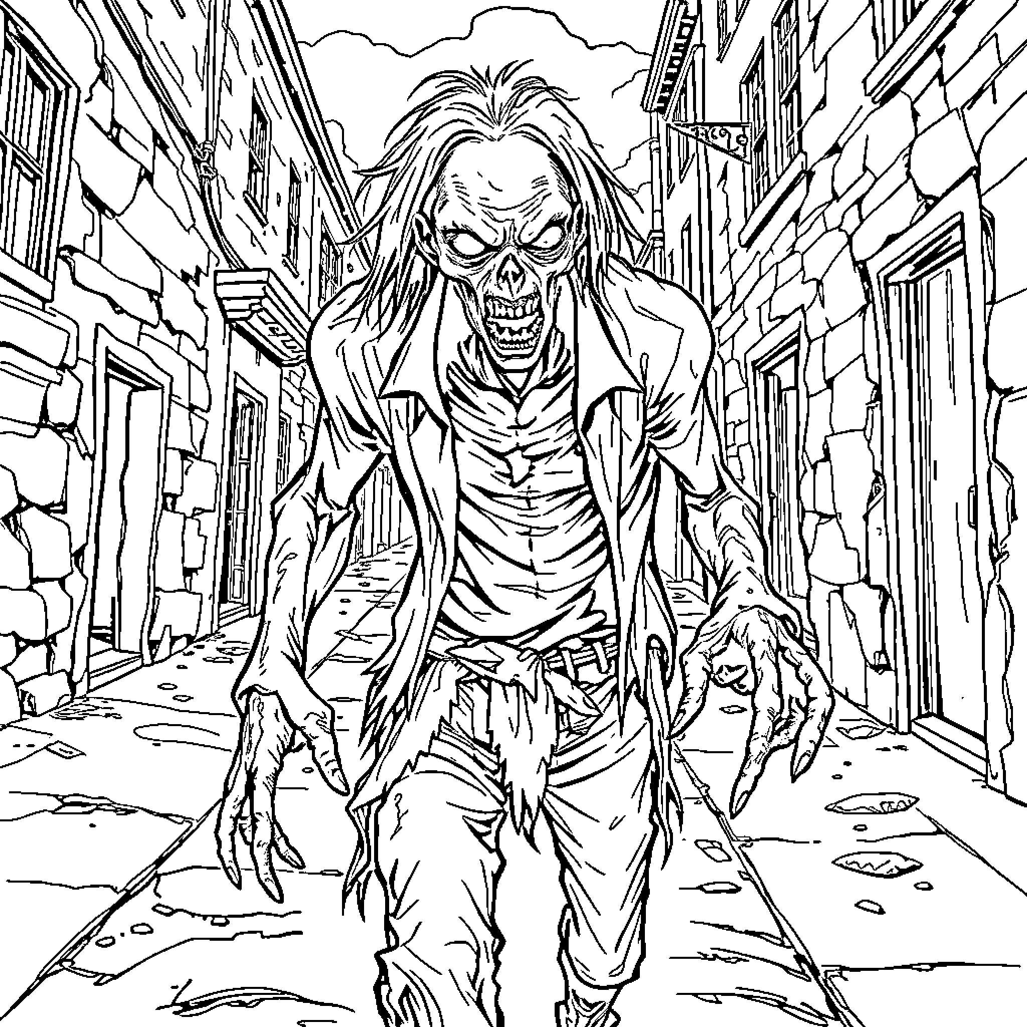 Zombie stalking the streets with menacing gaze Coloring Page (free black-and-white line drawing printable PDF for all, from beginners to advanced learners, including children, teens, adults, and seniors)