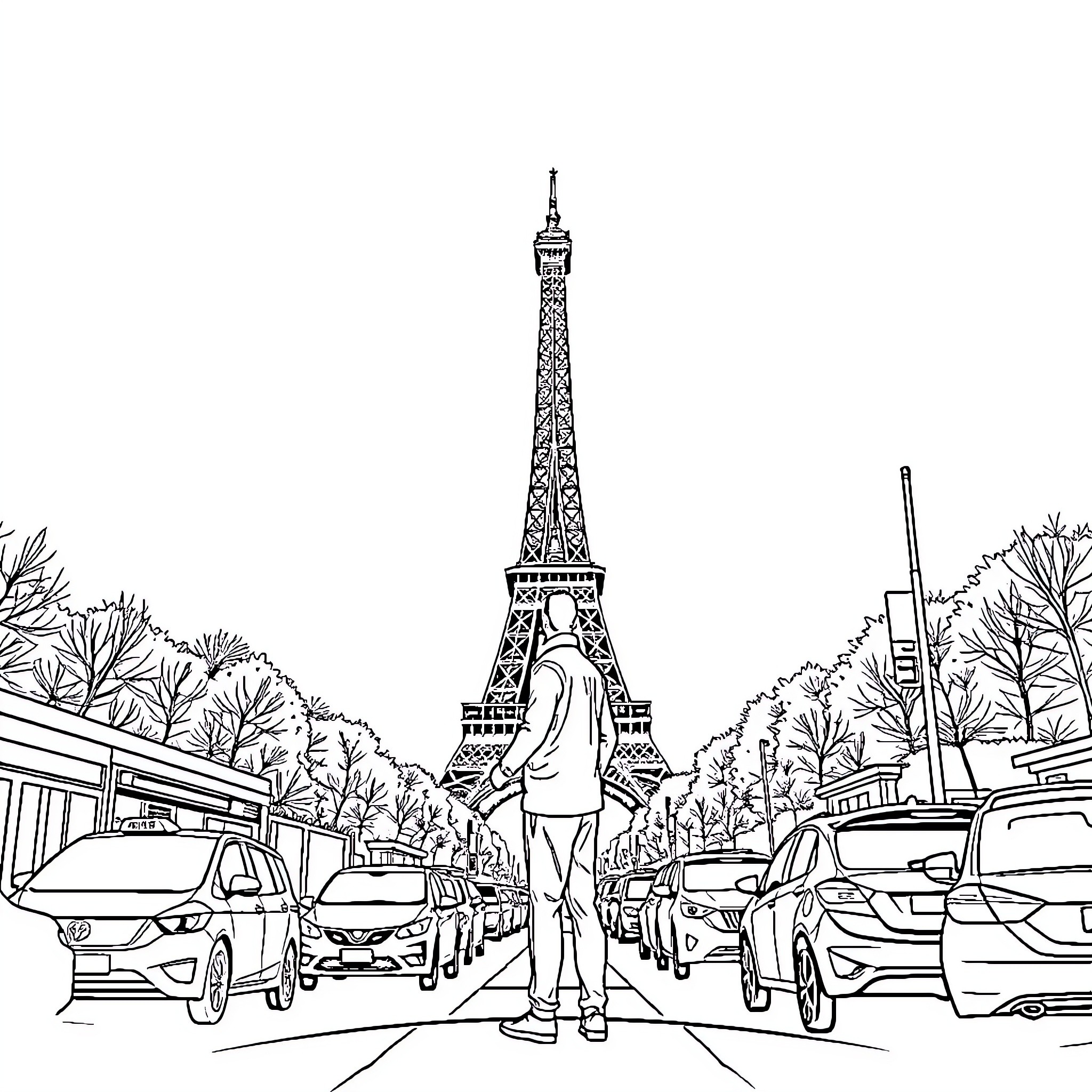 Mbappe Stands in Front of Eiffel Tower Coloring Page (free black-and-white line drawing printable PDF for all, from beginners to advanced learners, including children, teens, adults, and seniors)