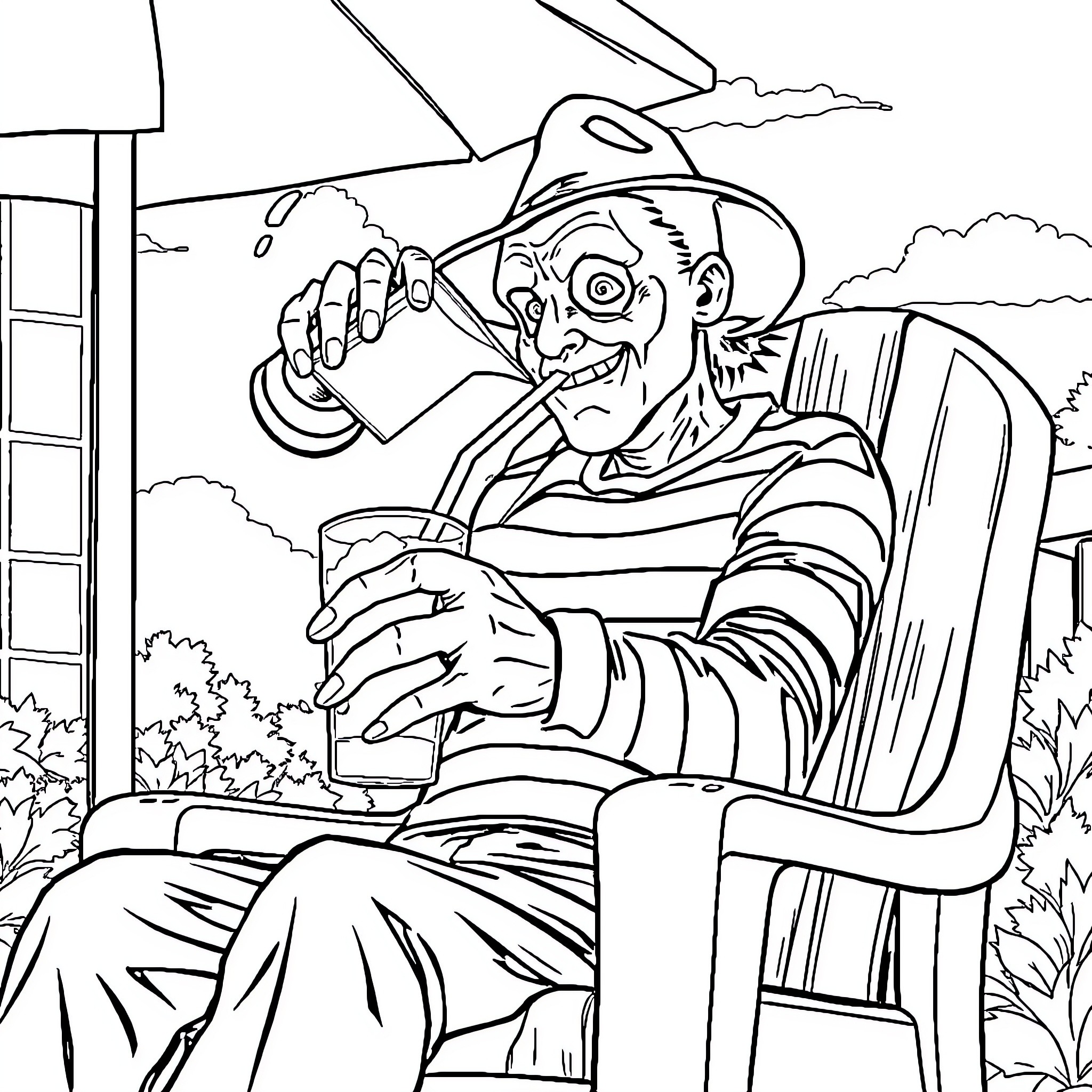 Freddy Krueger drinking coffee on a porch Coloring Page (free black-and-white line drawing printable PDF for all, from beginners to advanced learners, including children, teens, adults, and seniors)